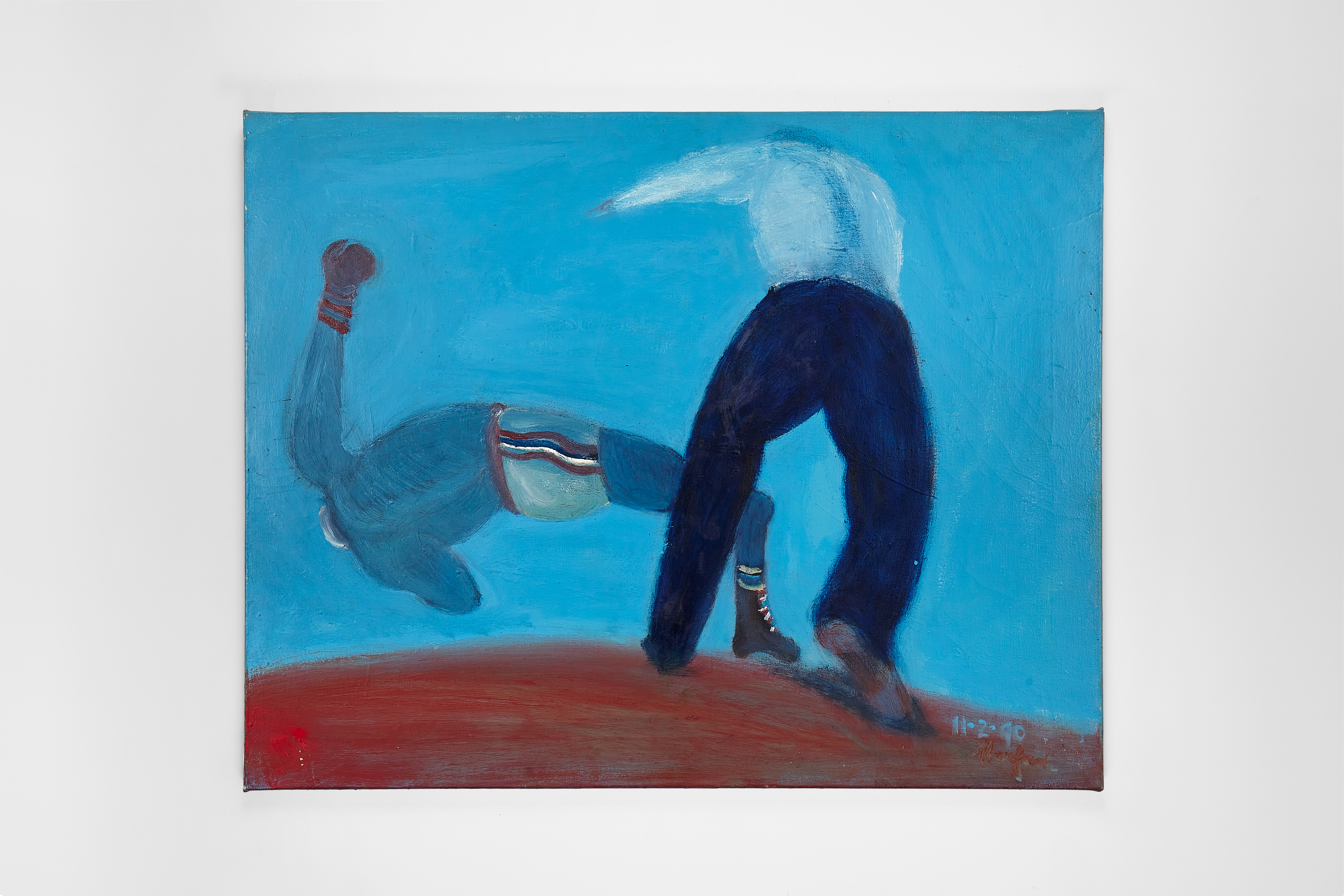 Abstract scene of two figures in motion on a blue background, one crouched and one bent forward, painted with fluid, simplified forms.