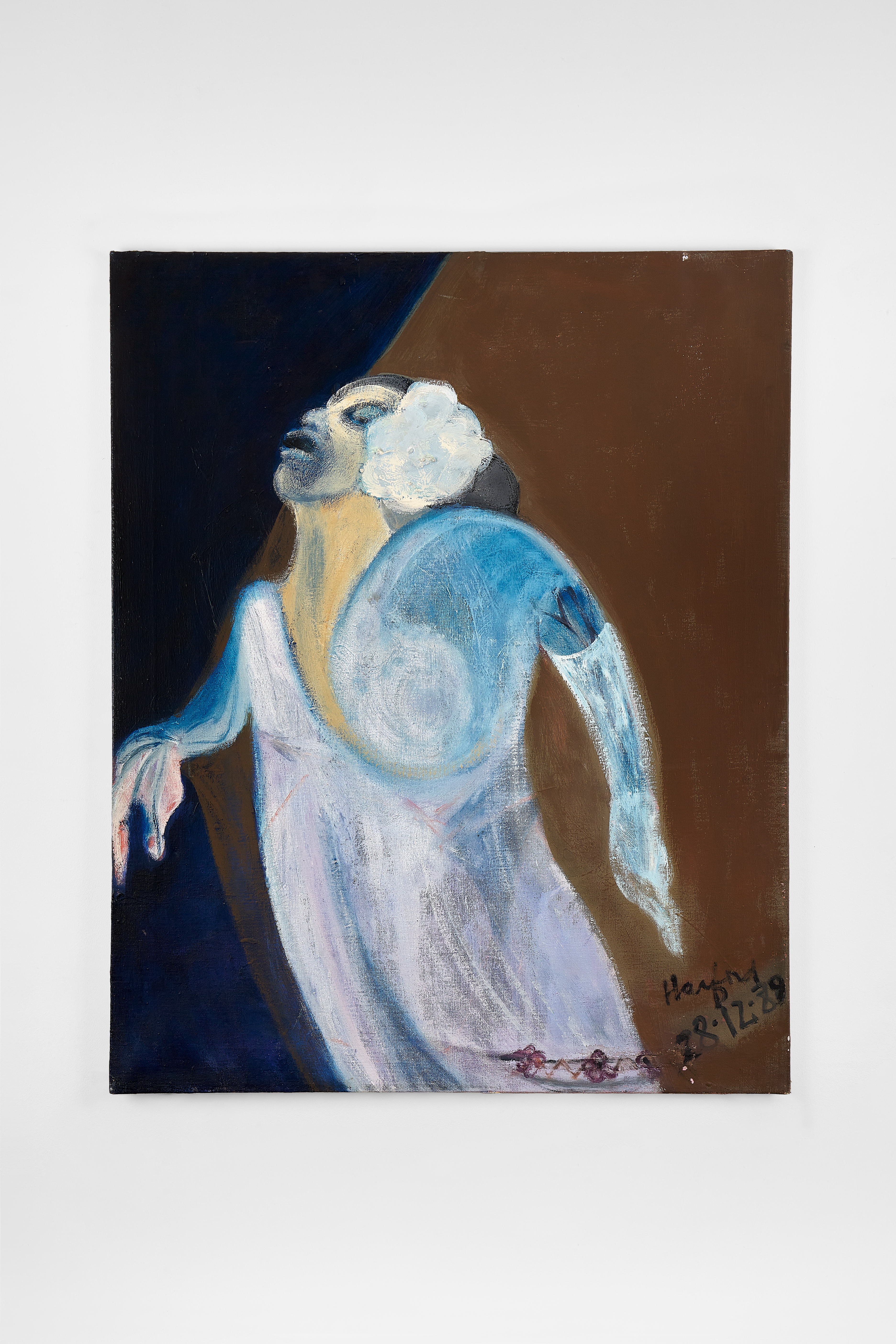 Close-up figurative painting of a person in a pale dress looking upward, rendered in soft blues and whites against a dark background.