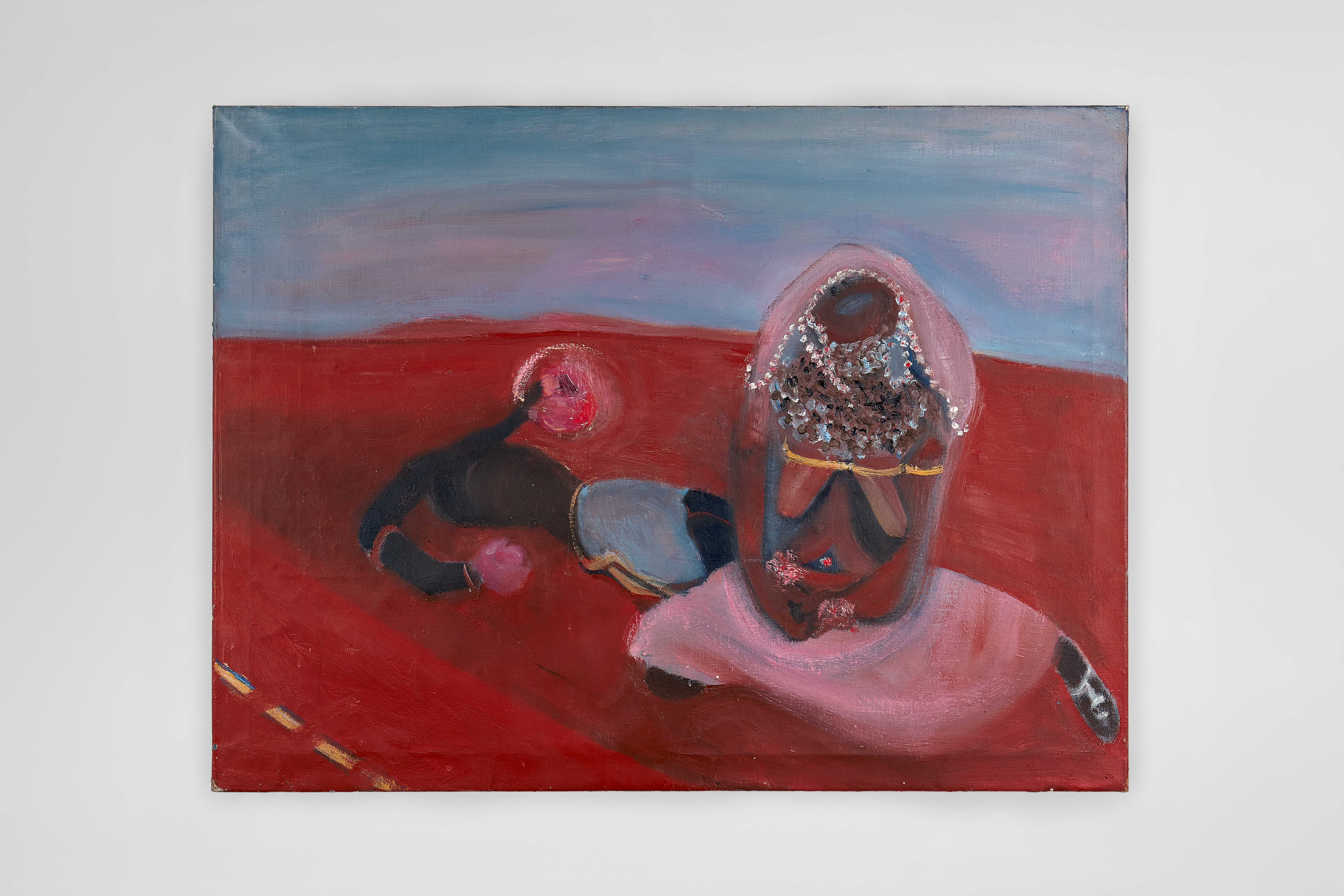 Red-toned landscape with two abstract human figures, one lying down and one upright, featuring textured paint and expressive faces.
