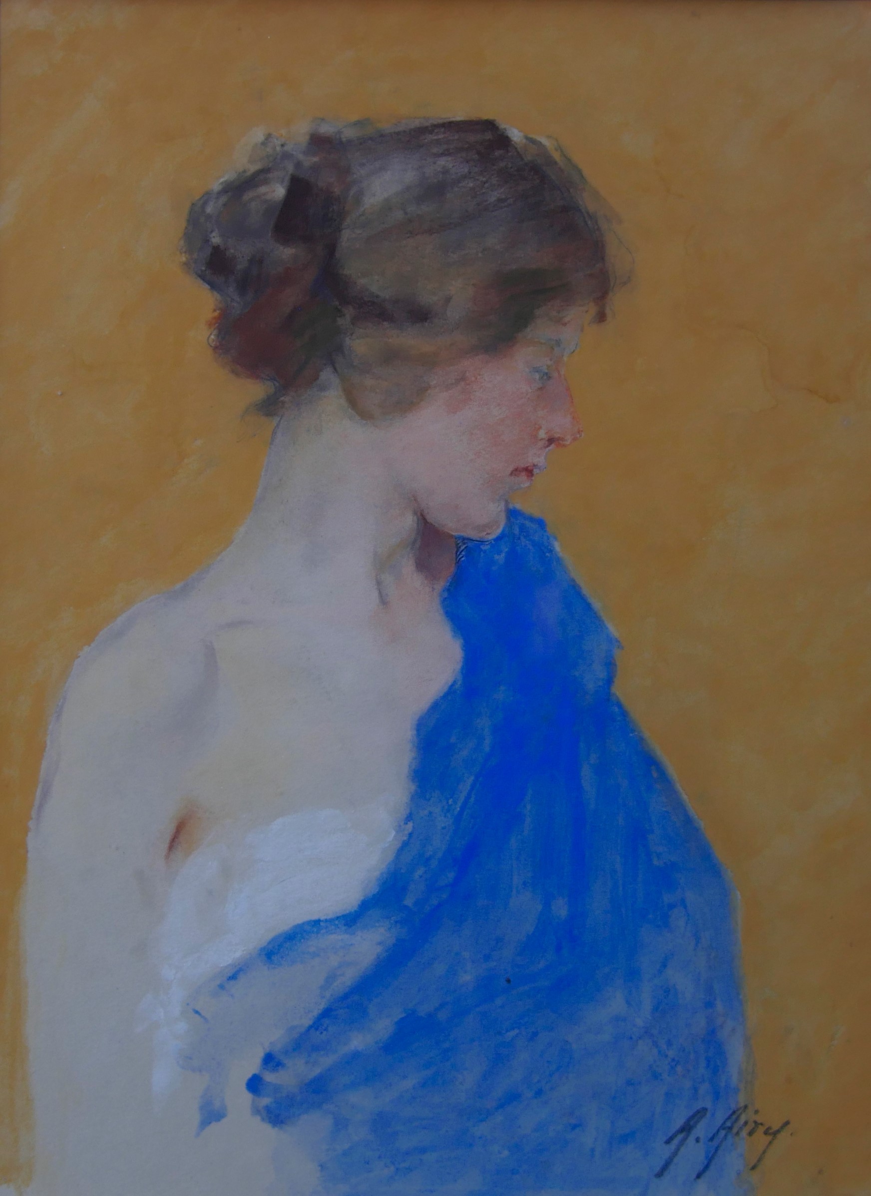 Painting of woman with brown hair updo and blue top