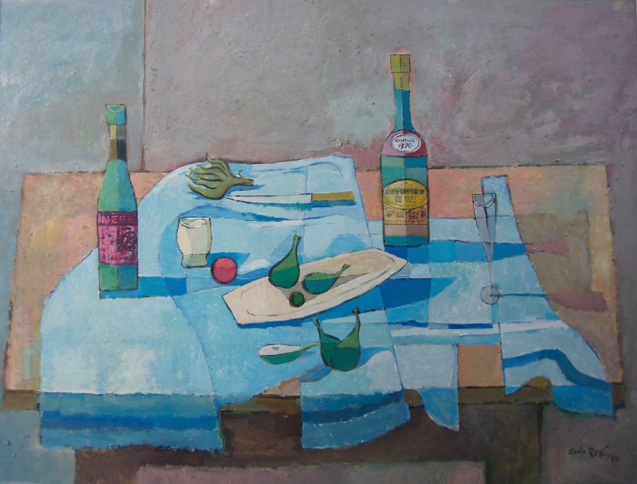 Painting of a table with blue tablecloth and various food and drink items