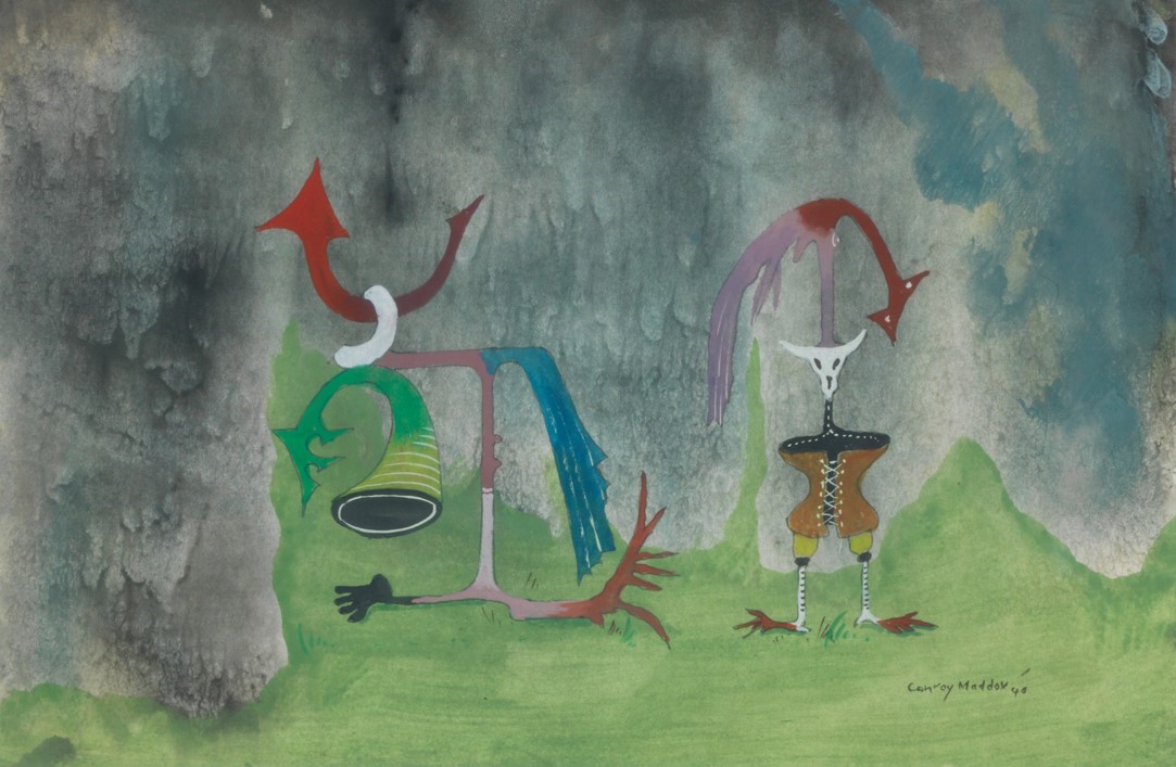 Painting with various figures on a grey and green background