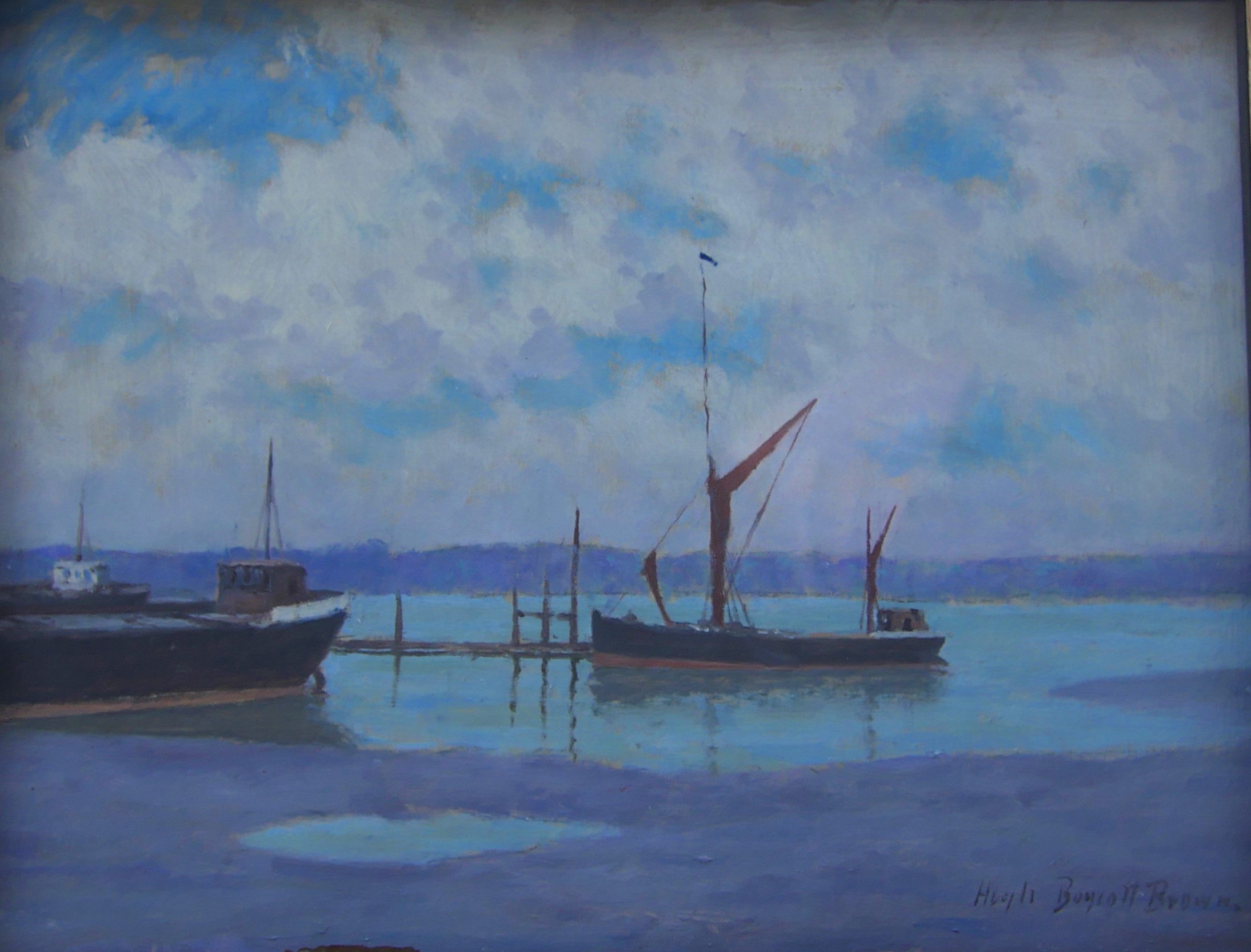 Blue painting of water and two boats