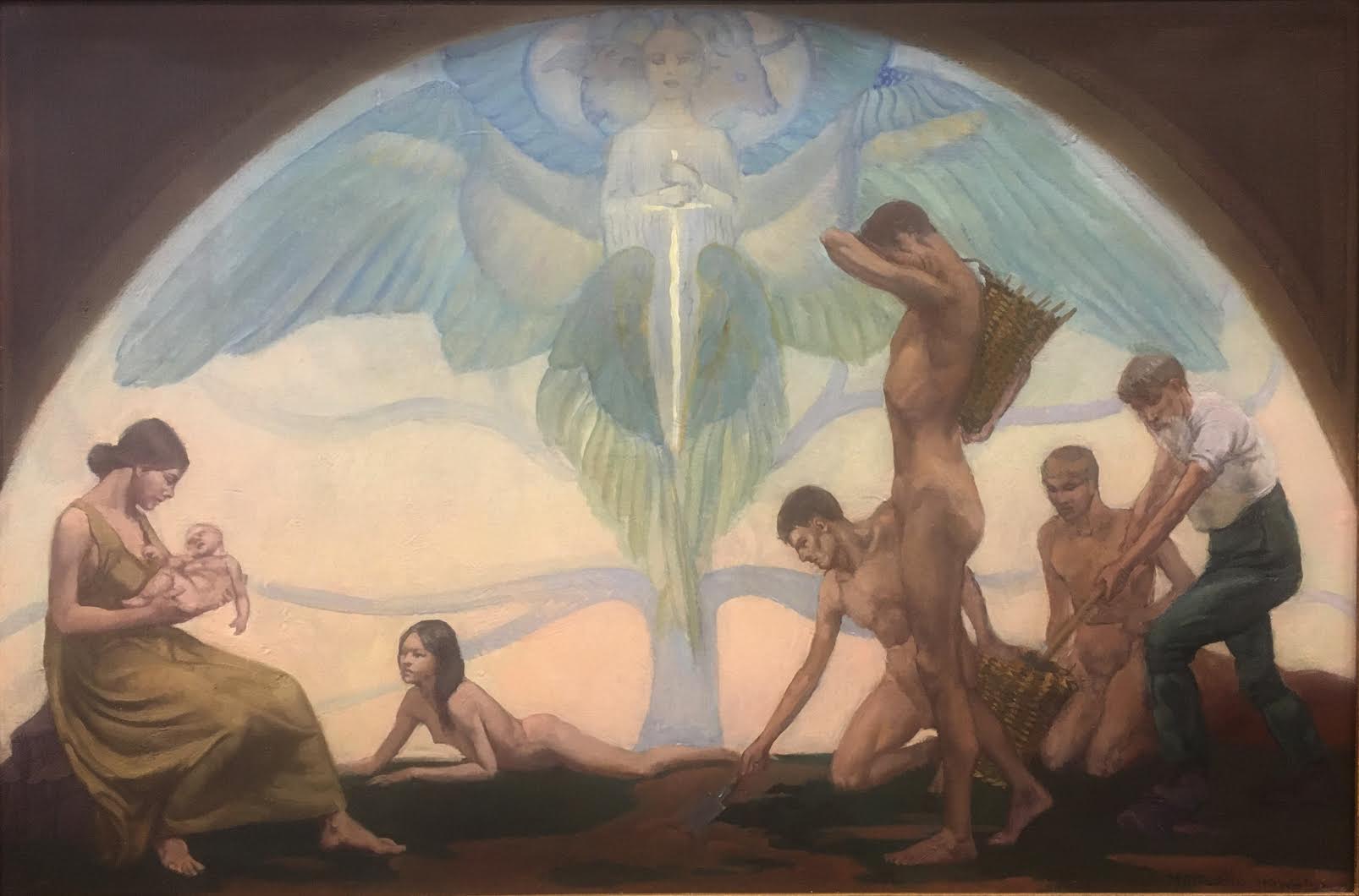 Artwork depicting multiple people with angel in the background