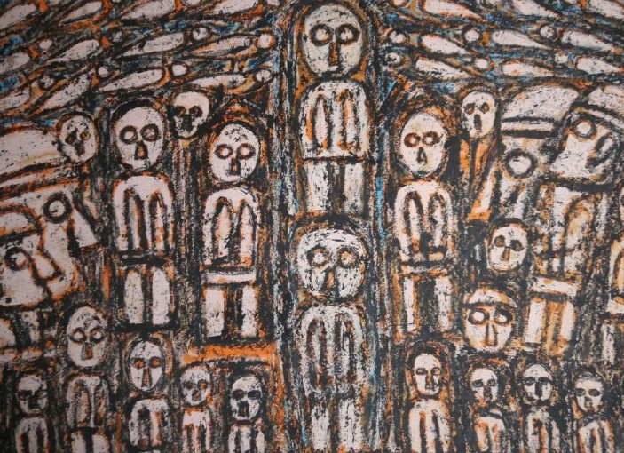 Artwork with many figures in mostly monochrome colours