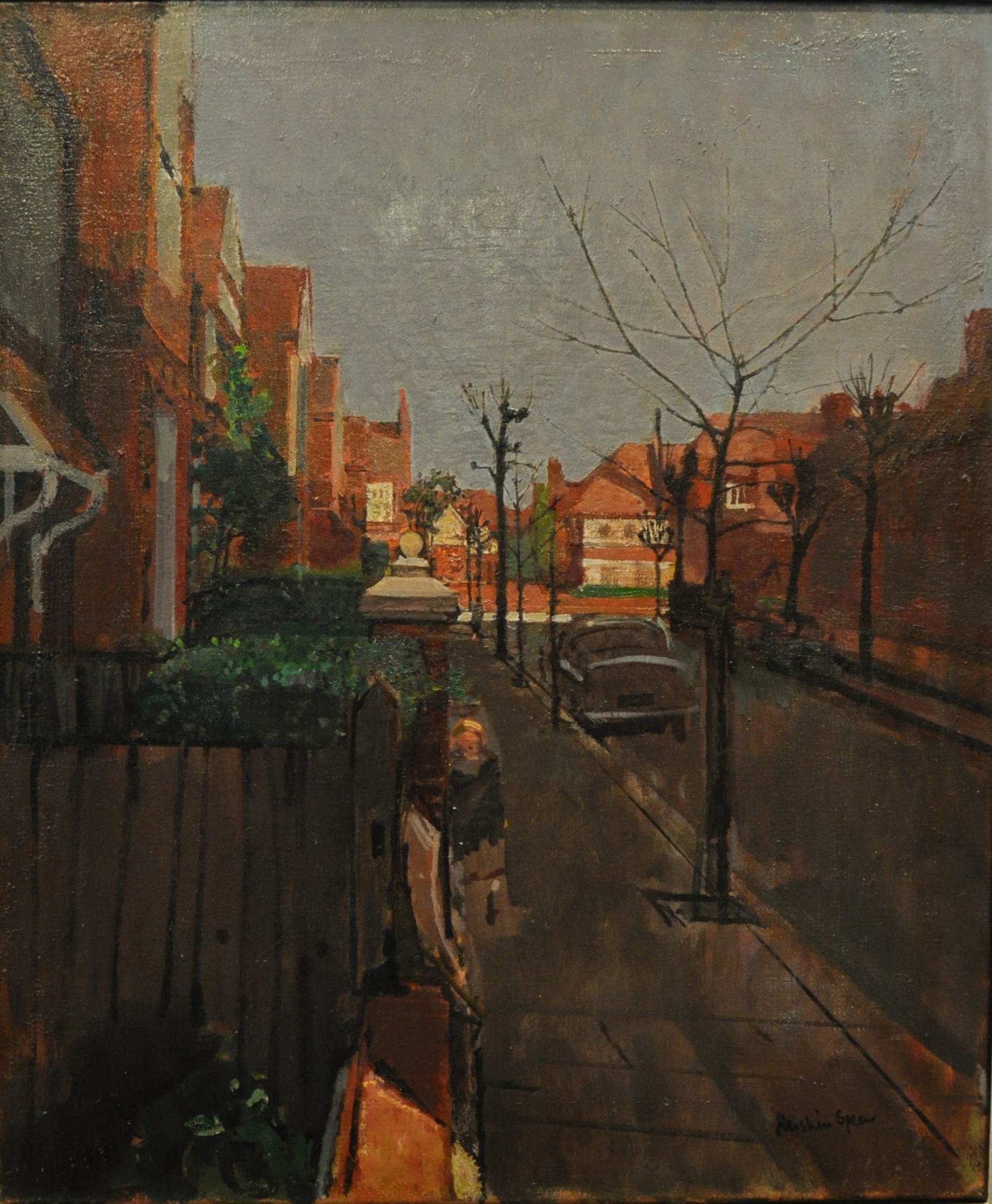 Artwork with houses, streets, and a figure in the foreground