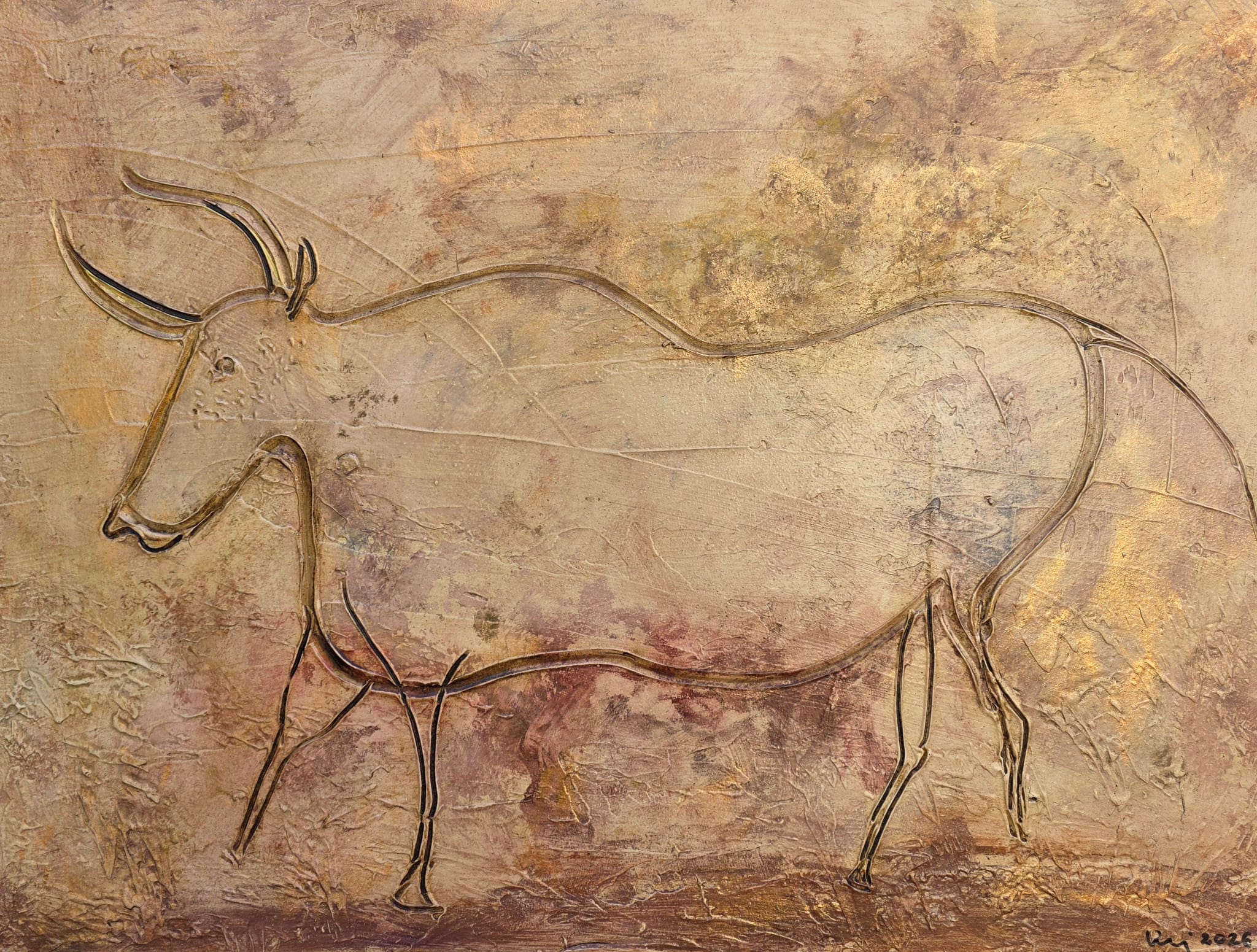 Rectangular artwork of a bull on a tan background