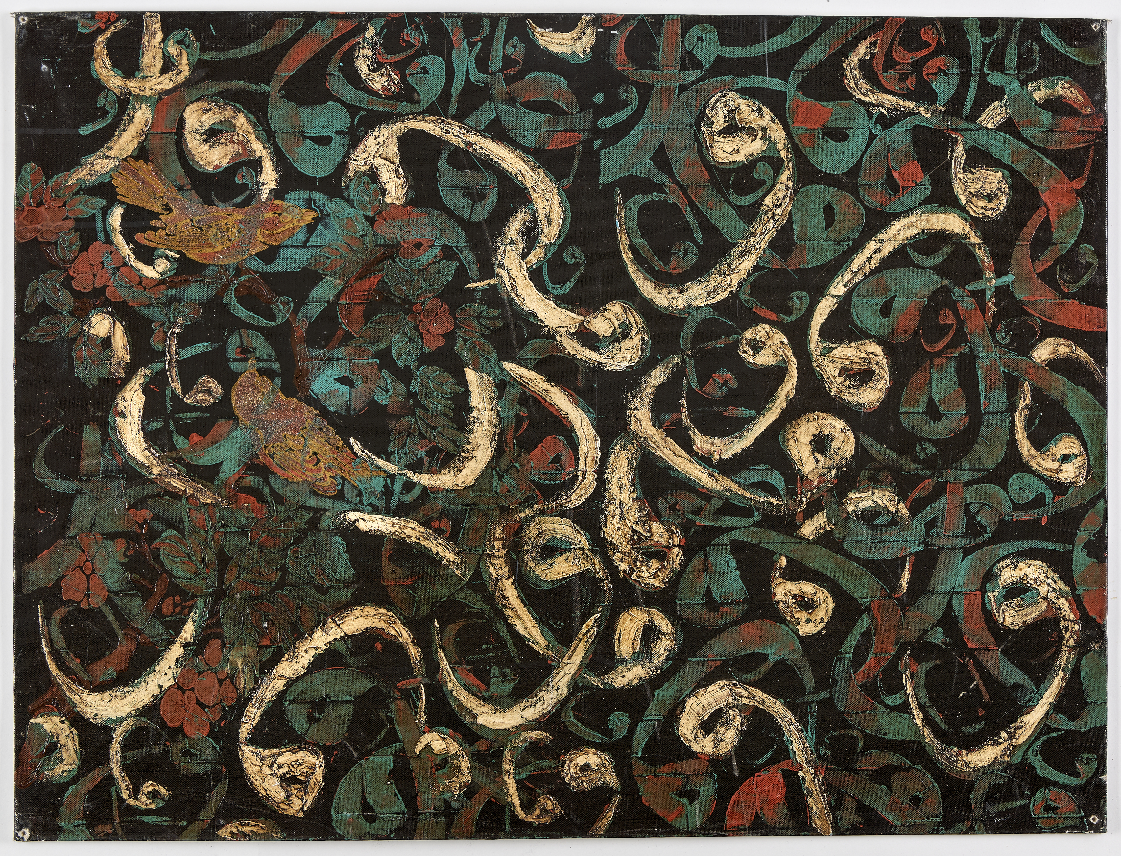 Painting of curved lines in blue, red and tan colours on a dark background
