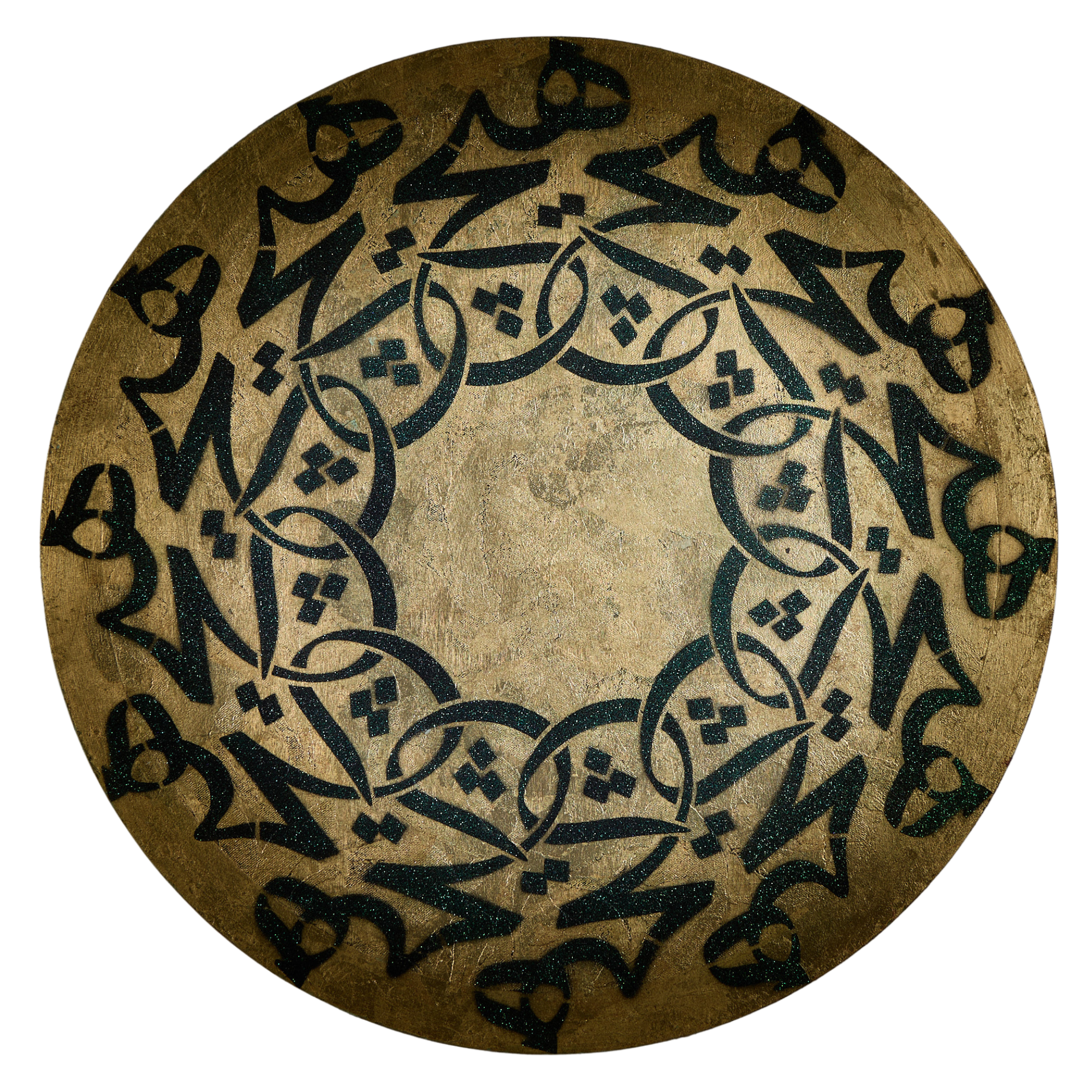 Circular artwork of black lines on a gold background