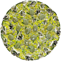 Yellow circular mosaic with leaf and green stone accents