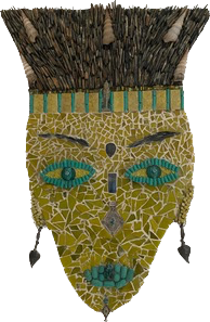 Mosaic head with accents of yellow, blue, and brown