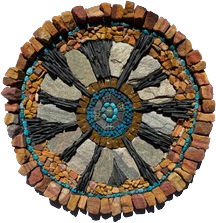 Circle mosaic with black spokes and red outline with blue accents