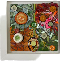 Mosaic square with four different corner sections in blue, orange, pink and green