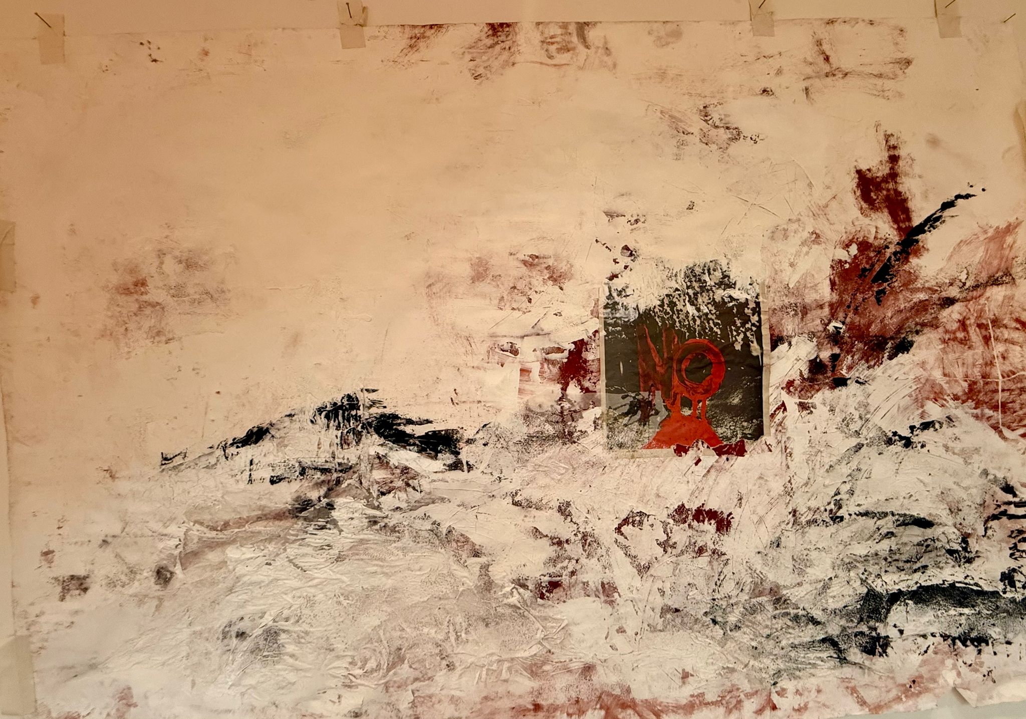 Artwork with beige background and red and black accents