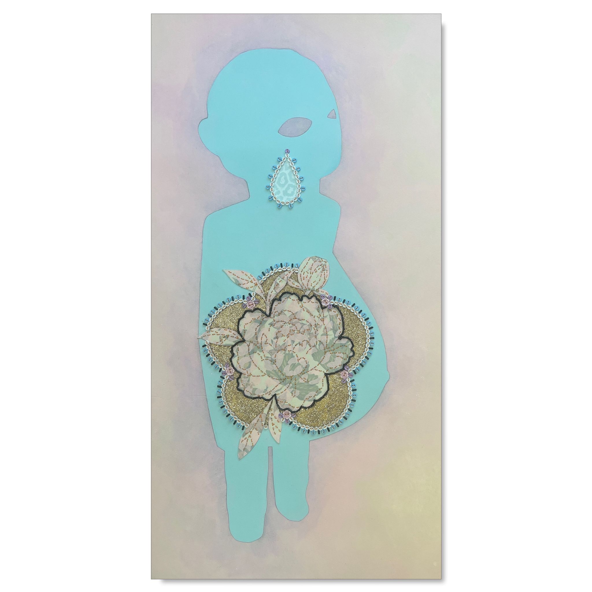 Artwork of blue woman silhouette with a multi-coloured flower in the stomach area