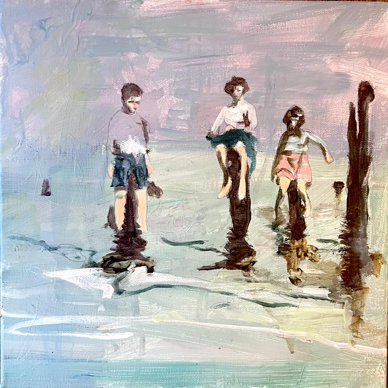 Painting of children looking at water reflection with pastel coloured background