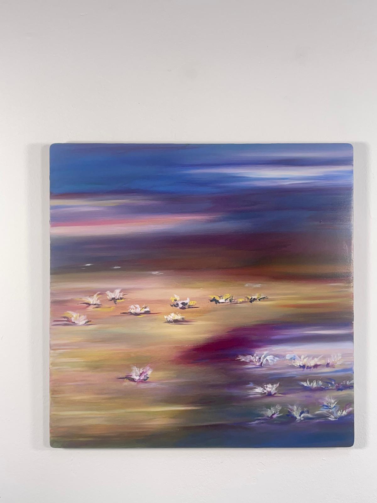 Square painting on a white background with flower shapes on a multi-coloured background