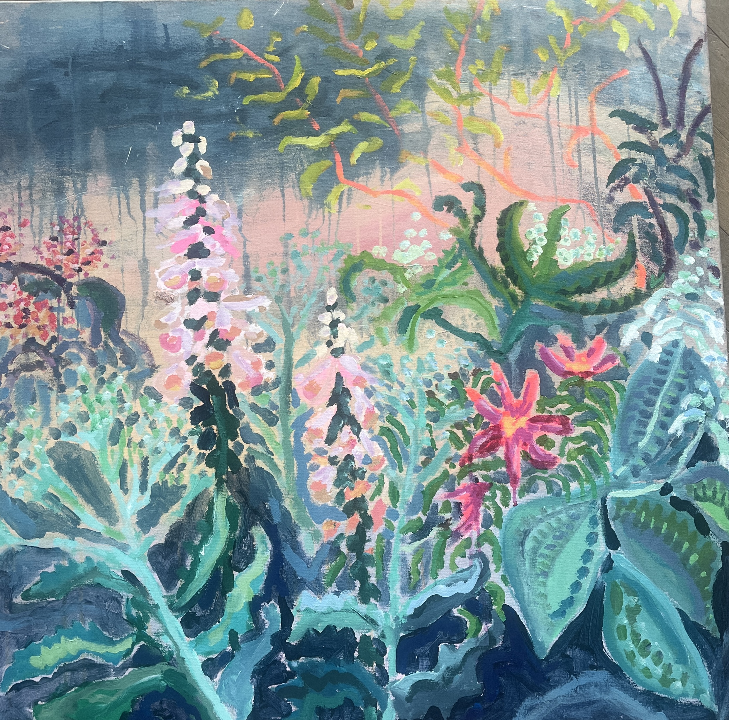 Colorful nature painting with many green and pink hues
