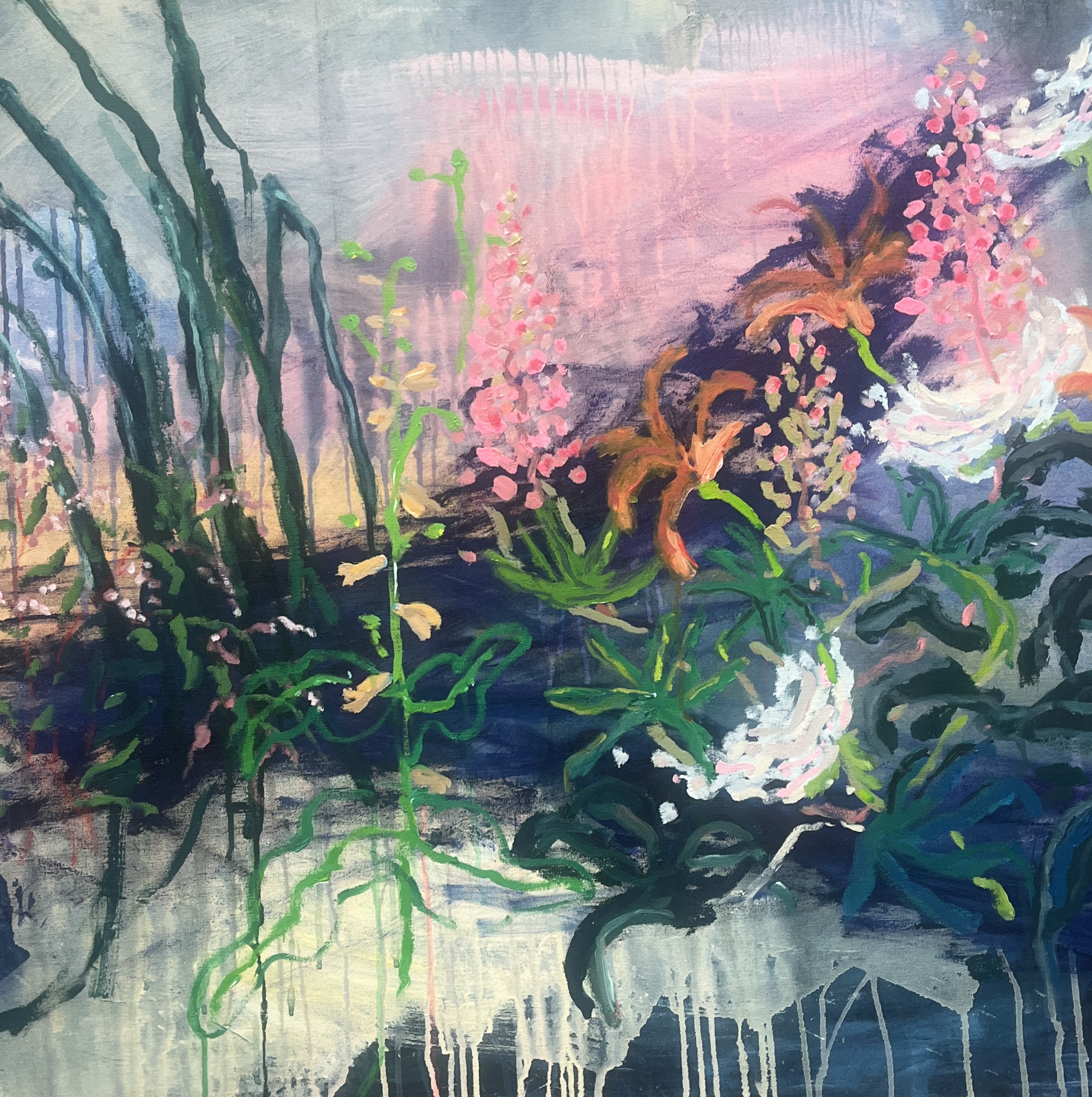 Painting of nature with mainly dark green and pink colours