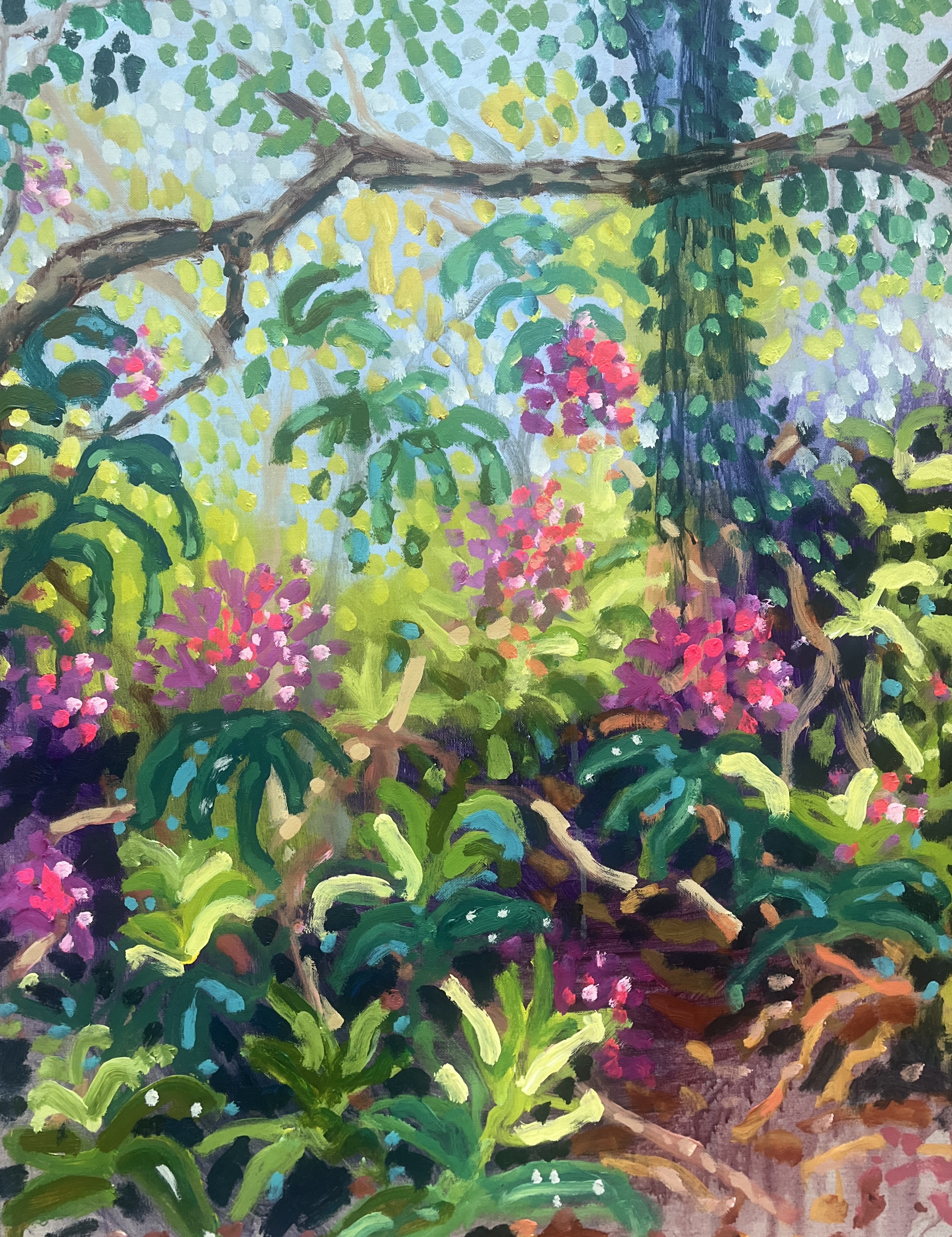 Painting of plants and trees with green, blue and pink hues