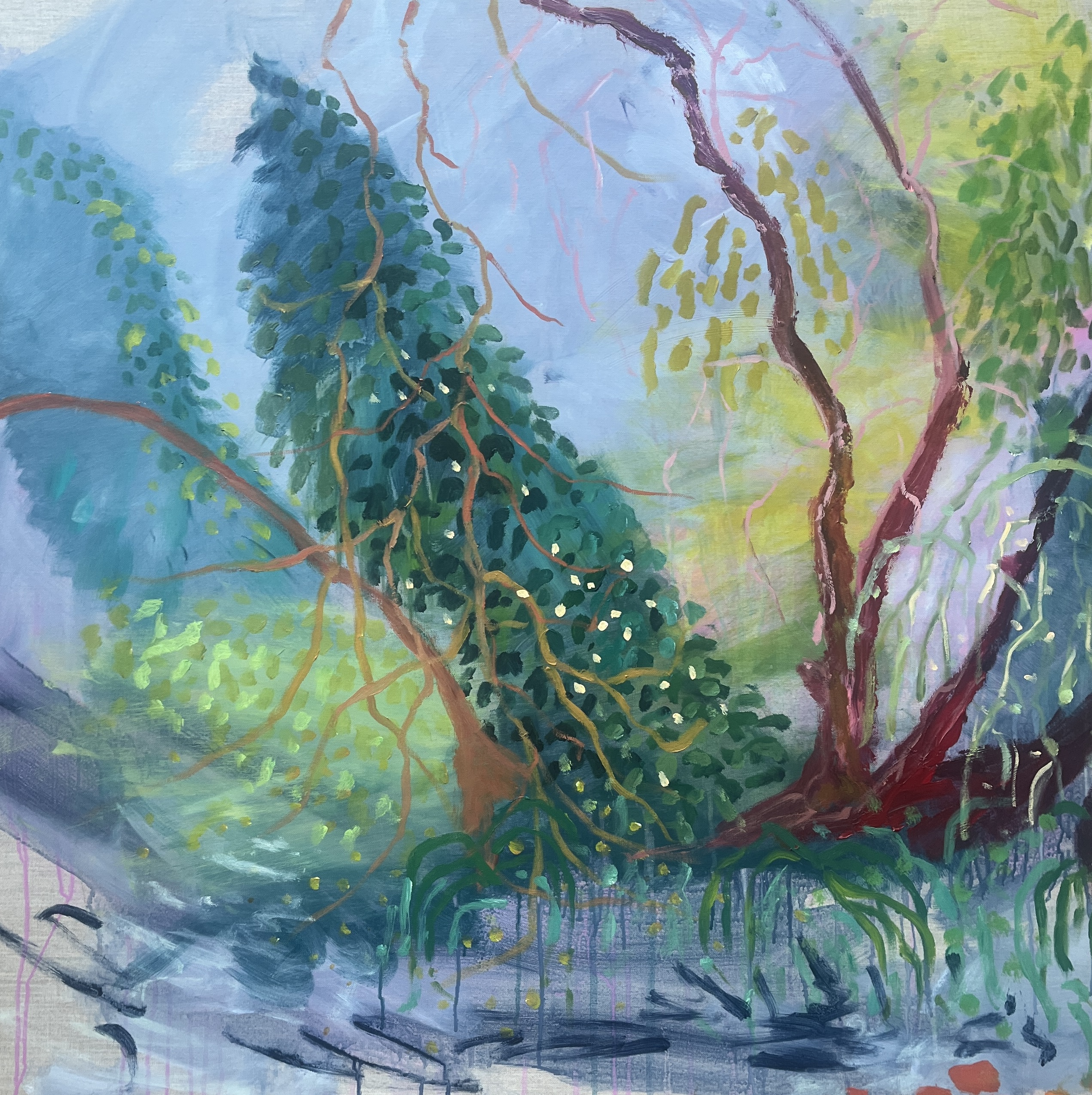 Painting of nature in green, blue and brown colours