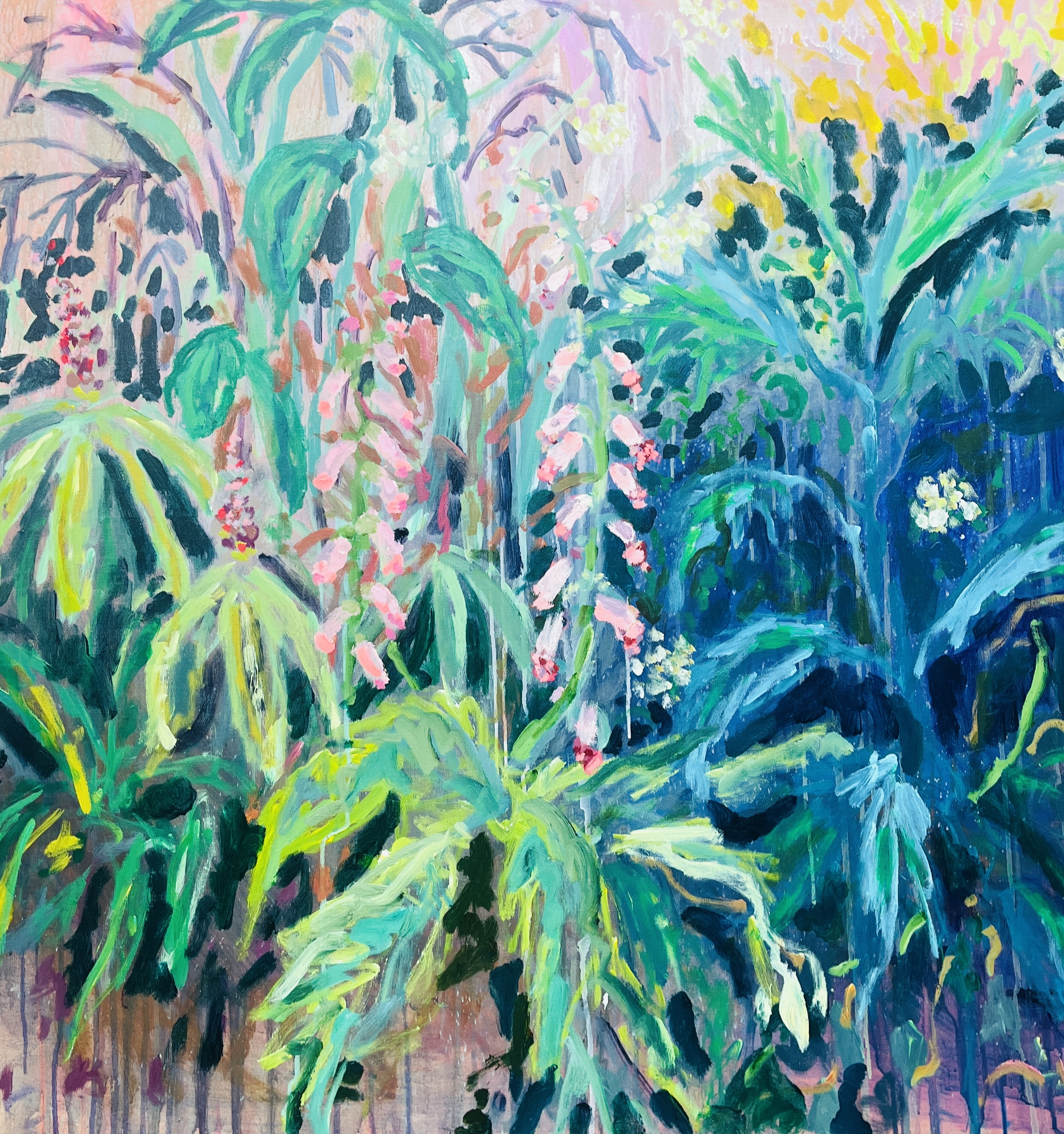 Painting of plants and flowers using blue, green, pink and yellow colours