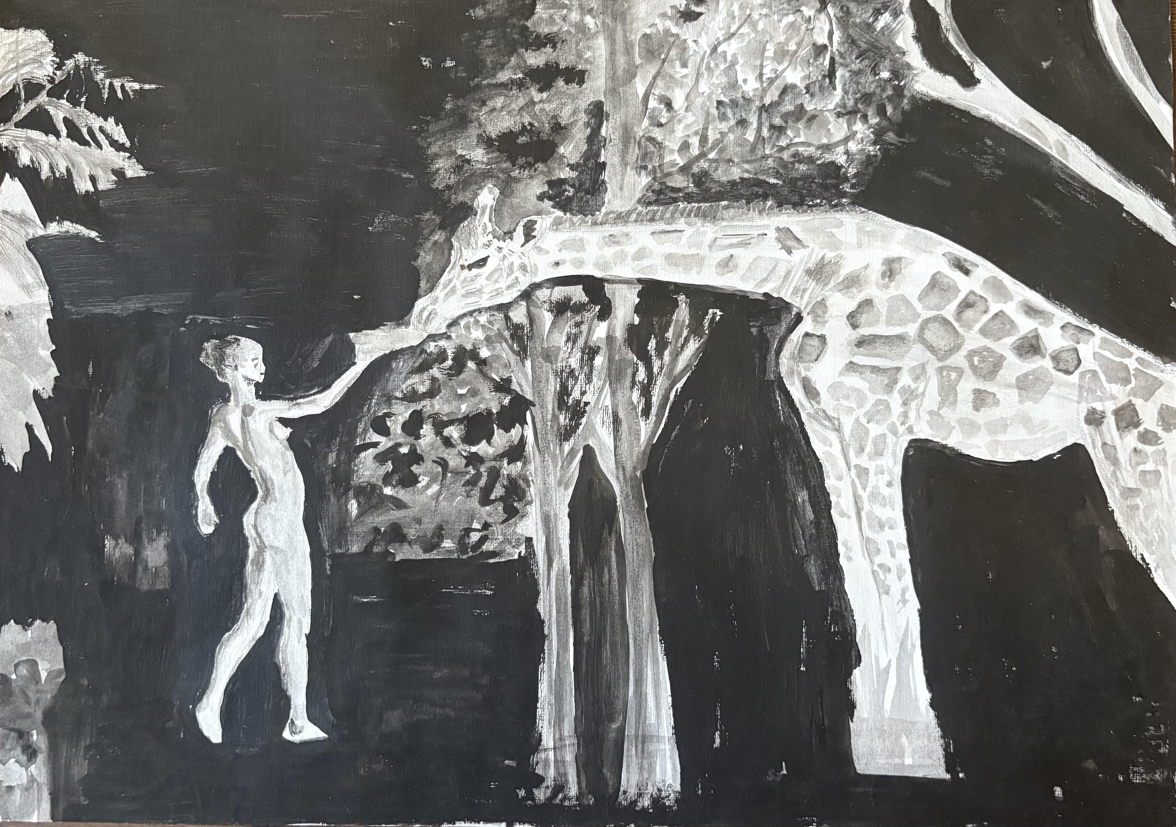 Black and white artwork, with giraffe and woman in front of trees