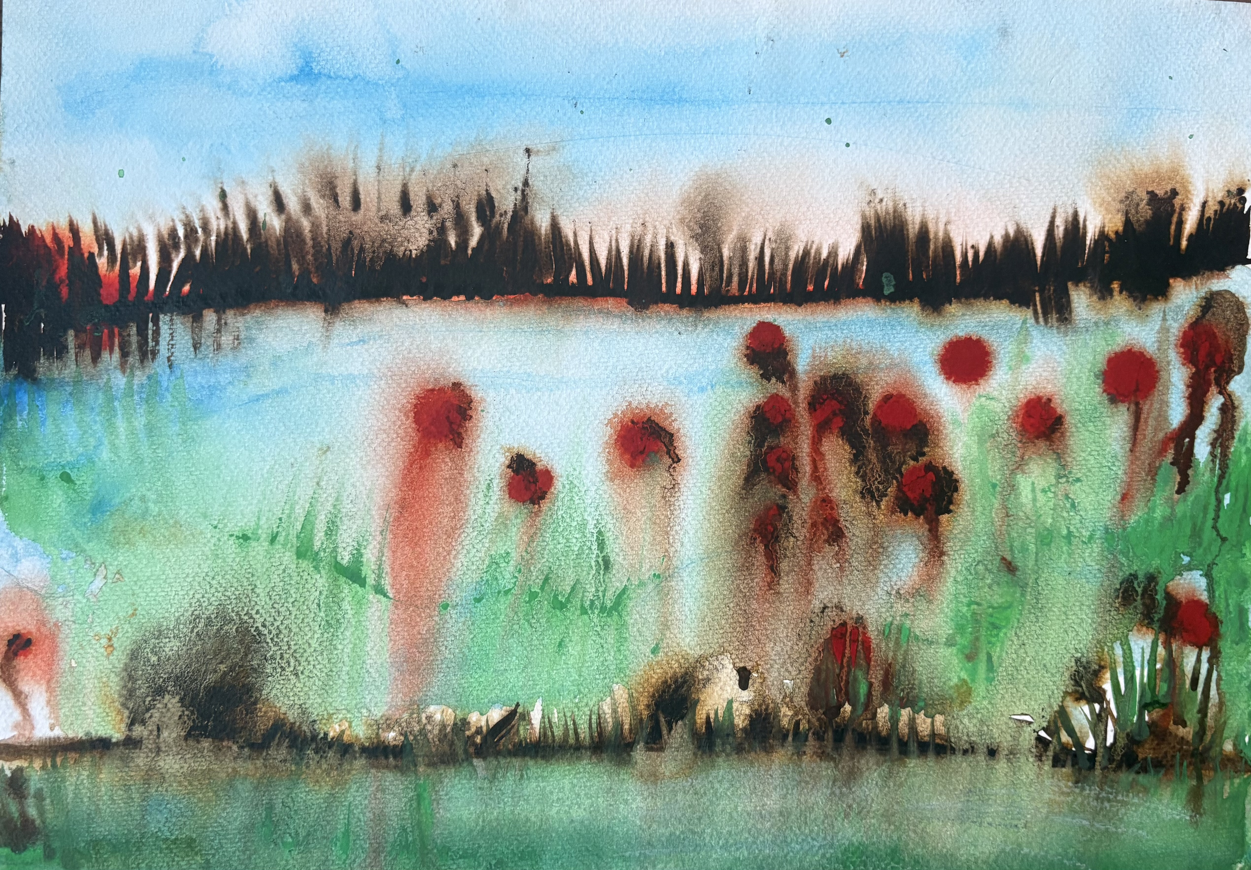 Artwork with blue, green and brown background and red ink splotches