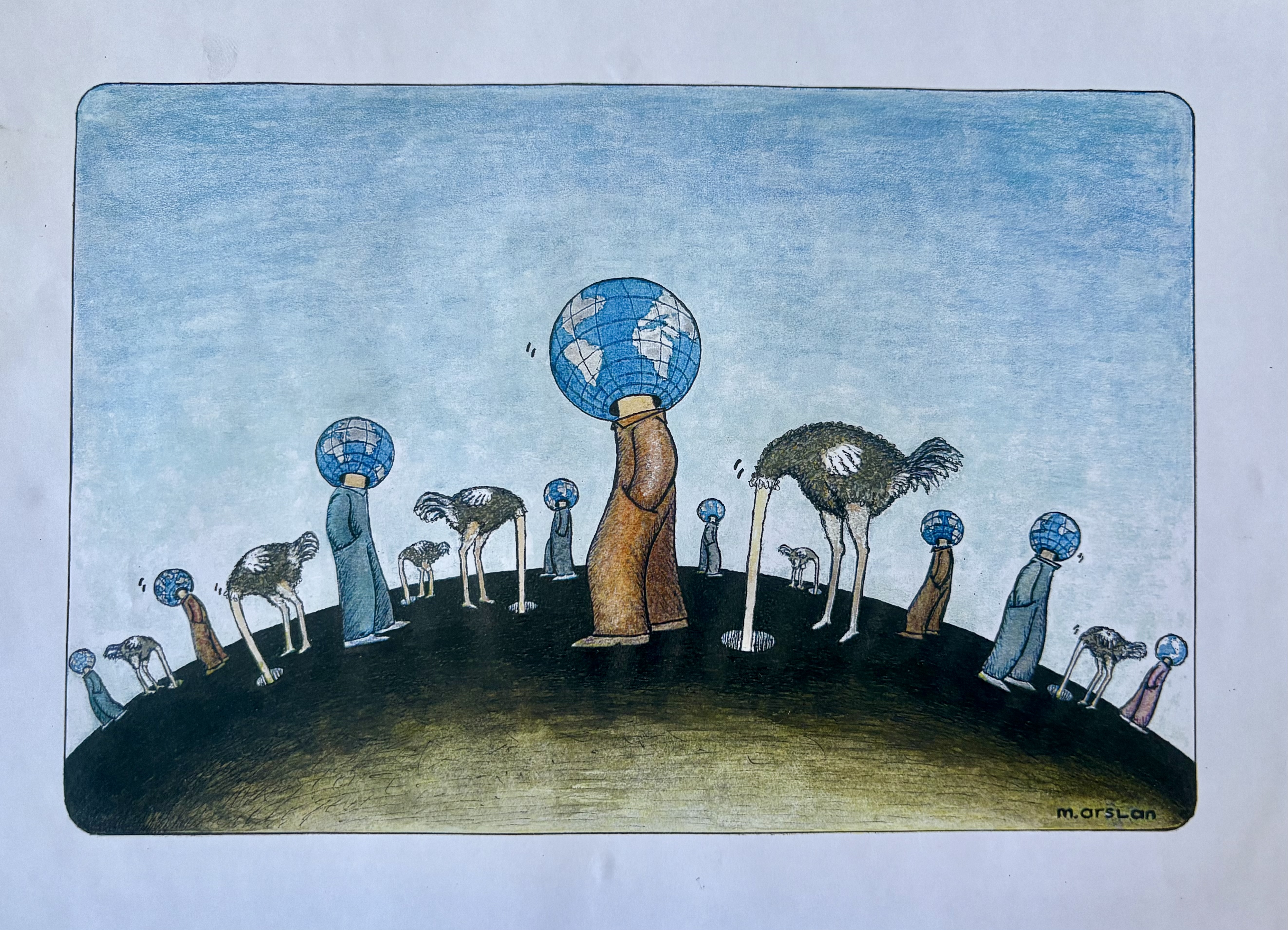Artwork with figures on a curved platform and small Earth drawings where their head would be