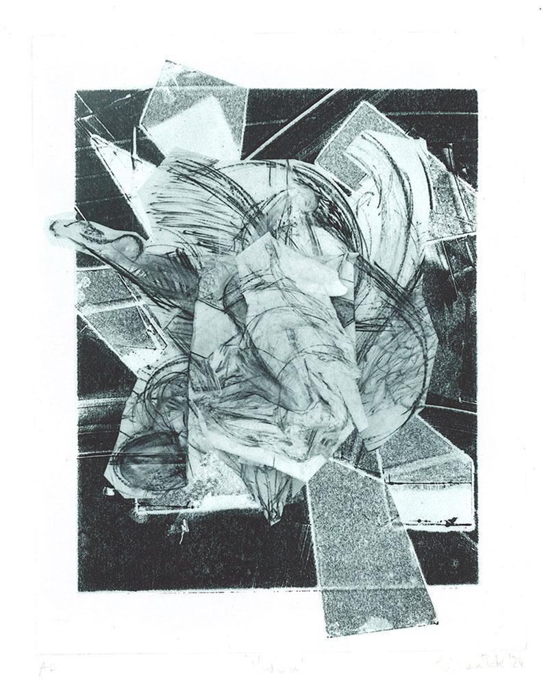 Black and white artwork of many different geometric shapes overlapping
