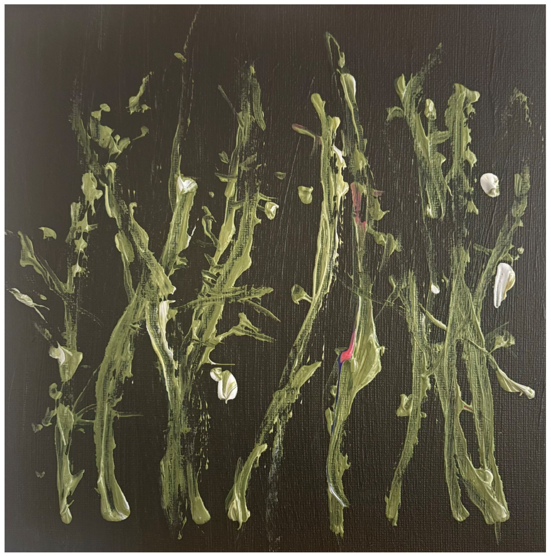 Black square artwork with green flower vines