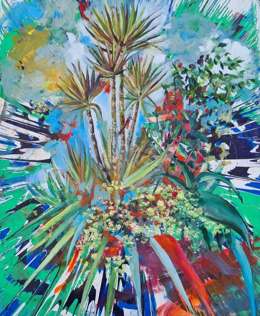 Teal painting with many different strands of colour
