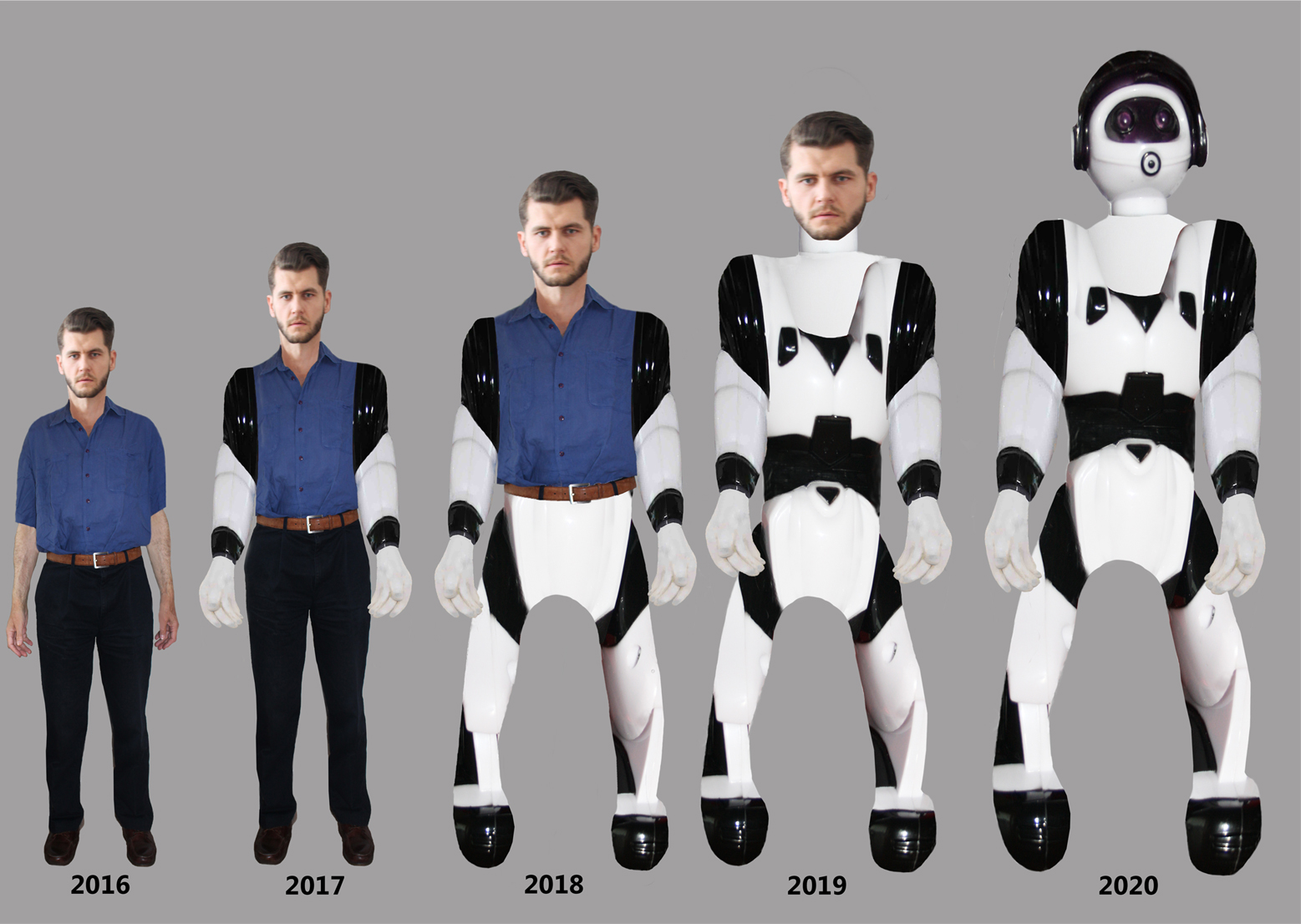 Collage of a man turning into a robot