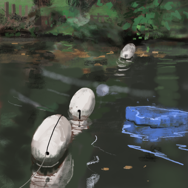 Painting of a pond with buoys floating