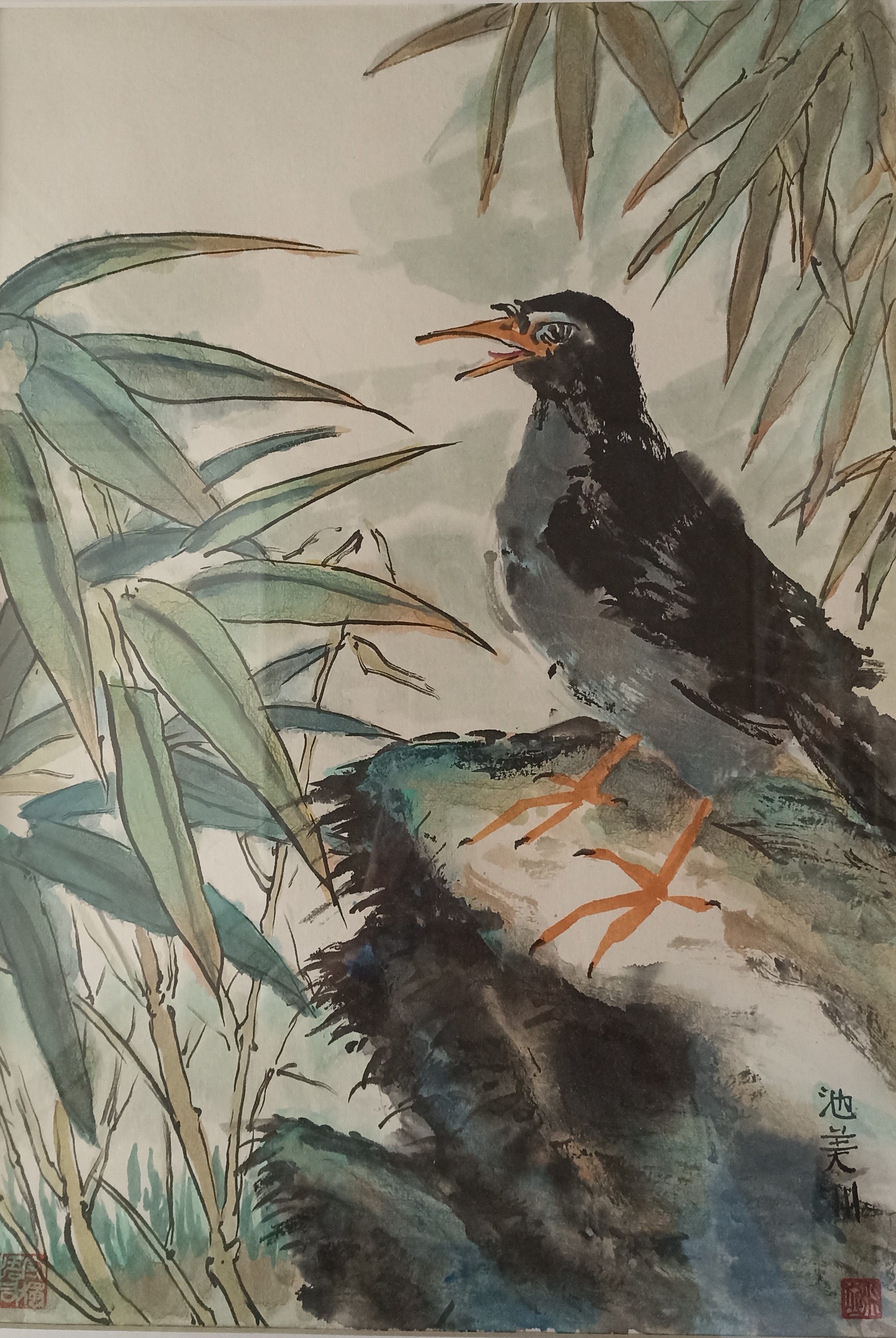 Painting of a bird on a rock with leaves around it