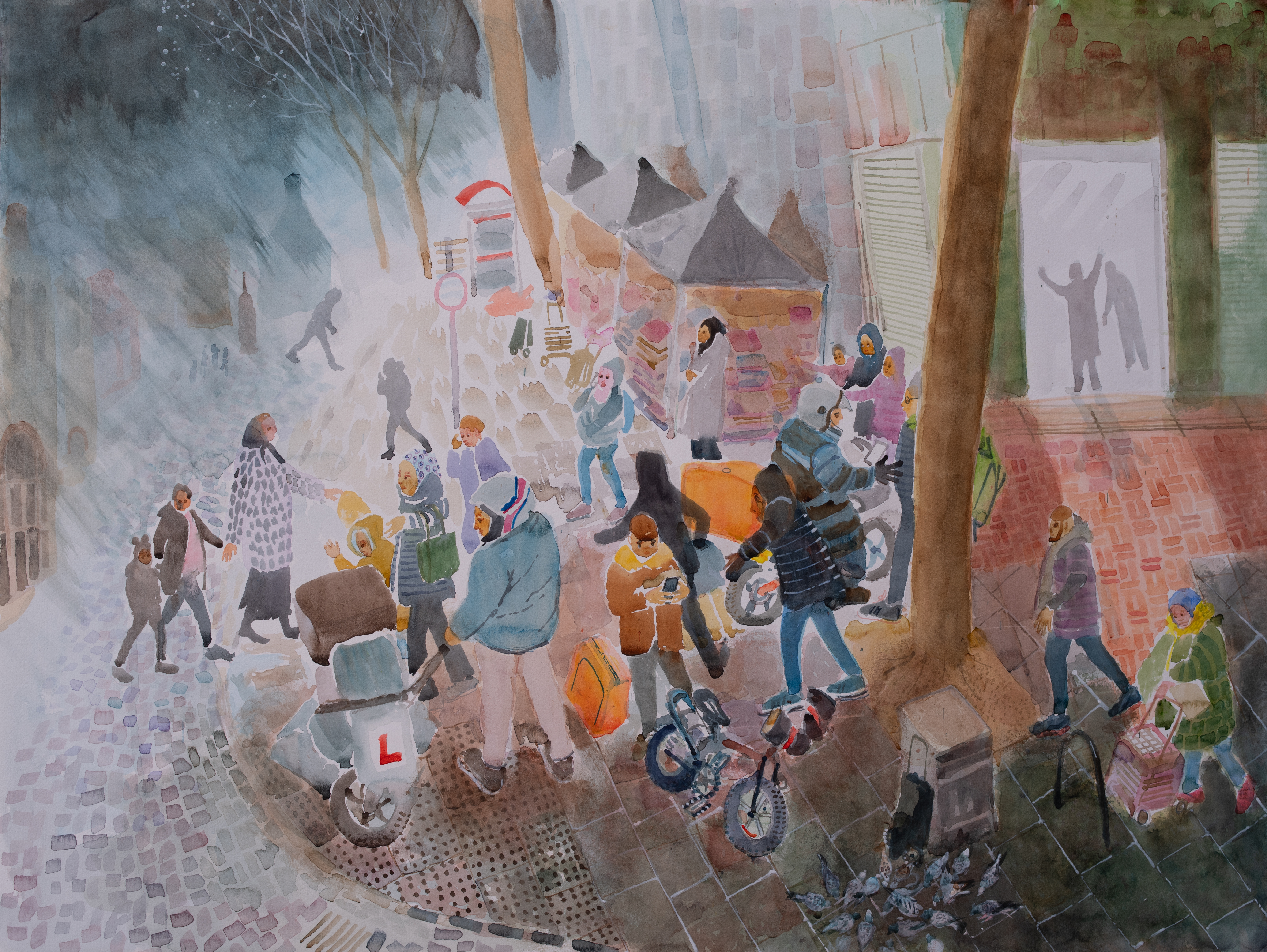 dull-coloured artwork of people on a street