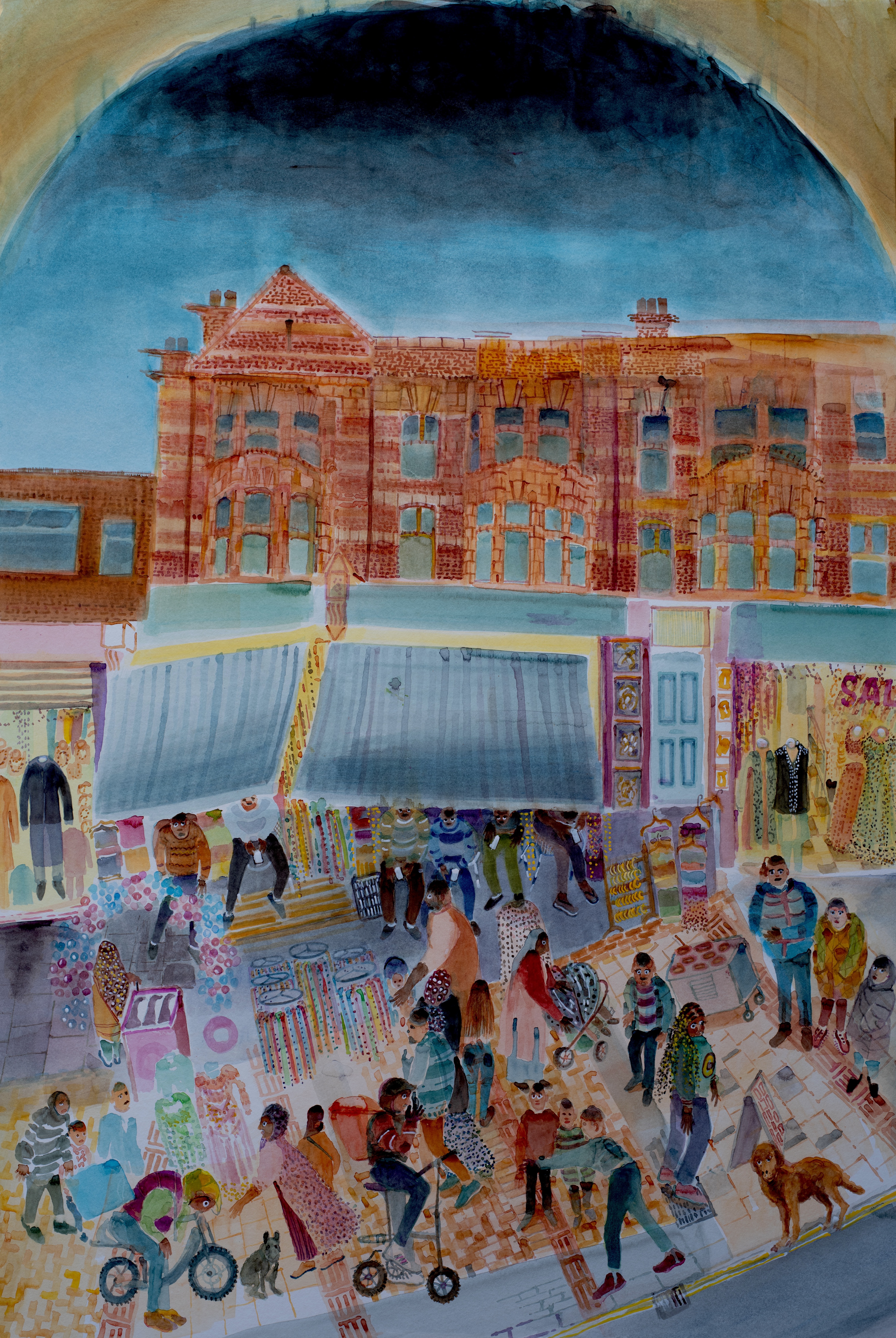 artwork of people on street in cartoon style