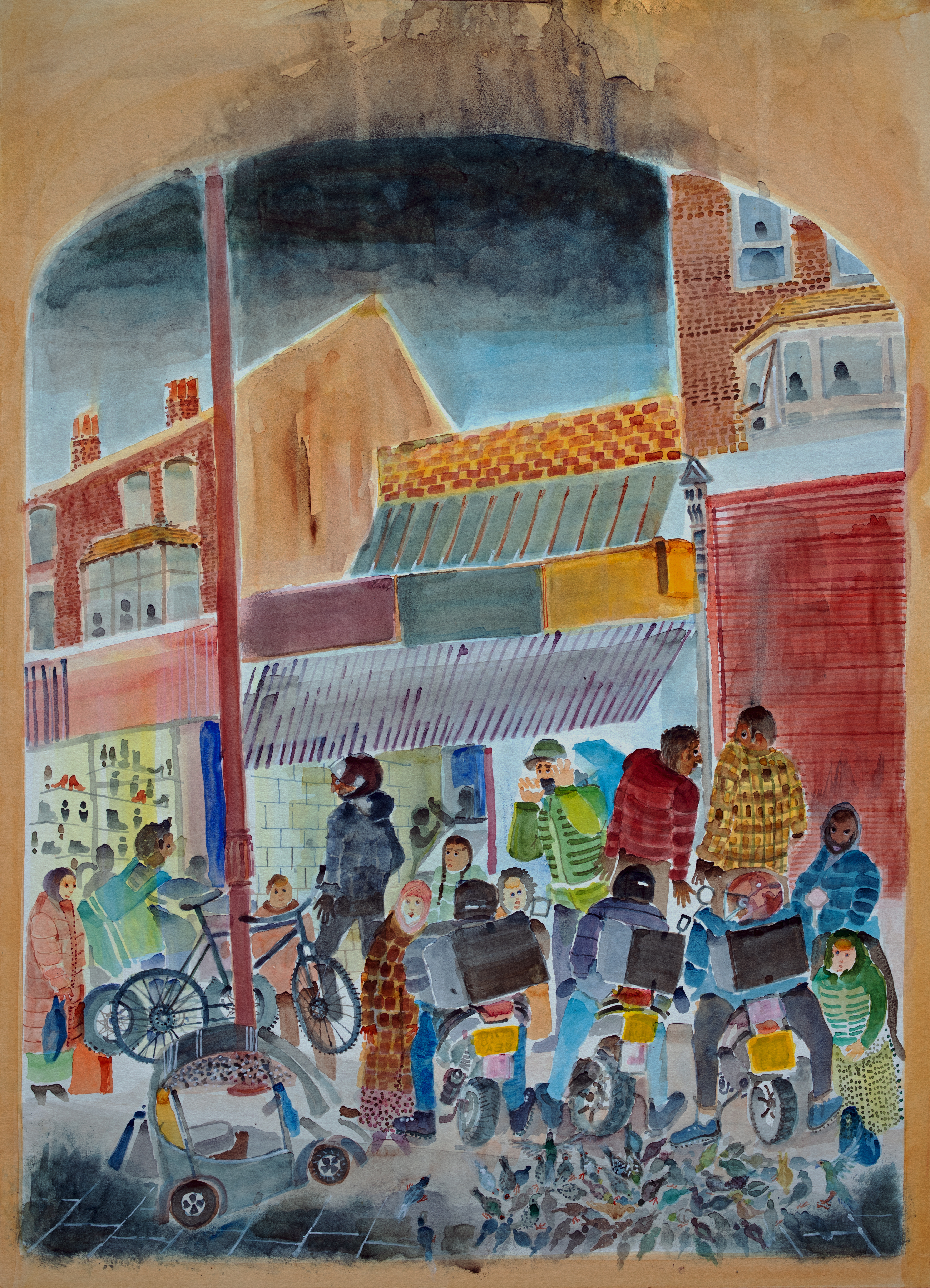 artwork of people on a street in cartoon style