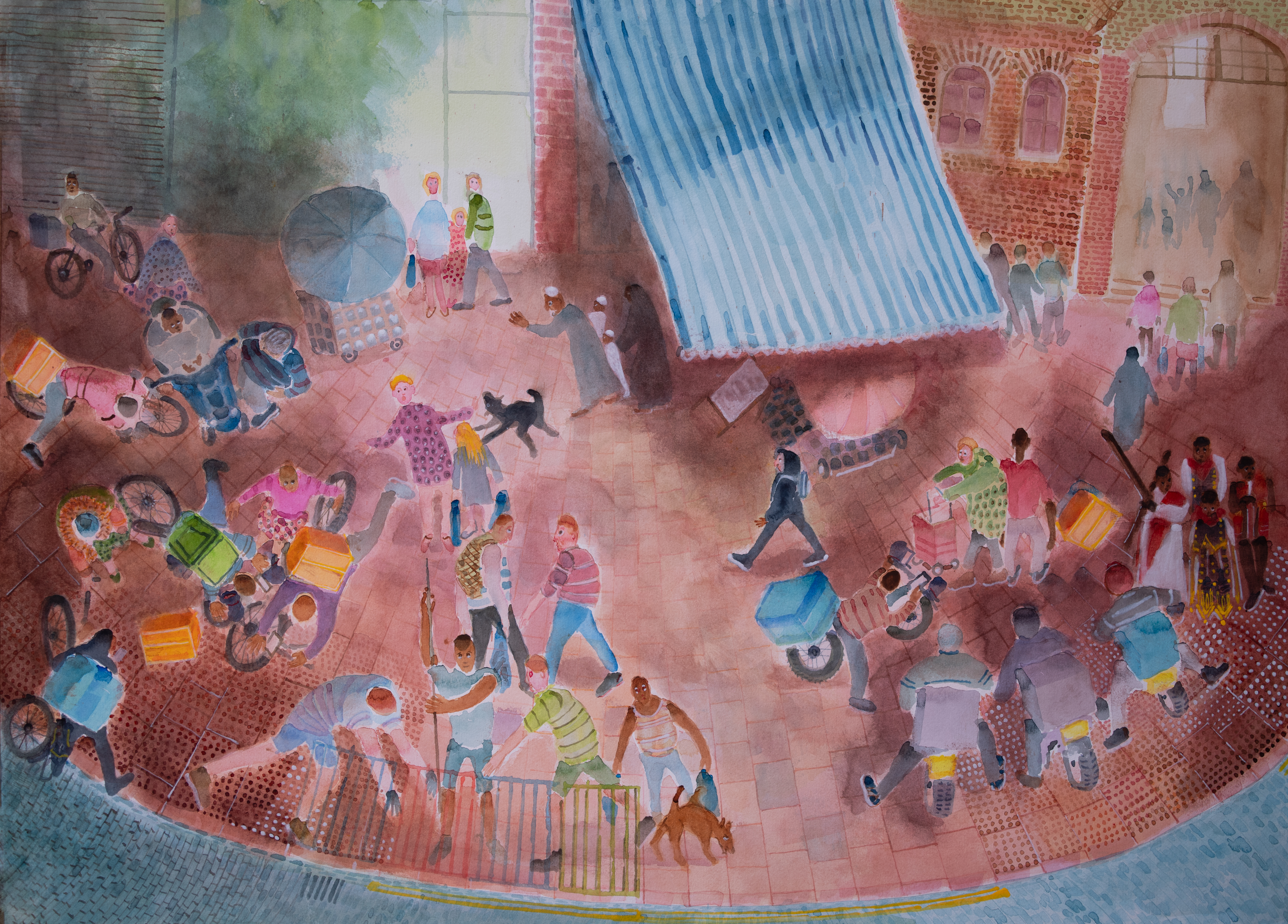 dark coloured artwork of people on a street