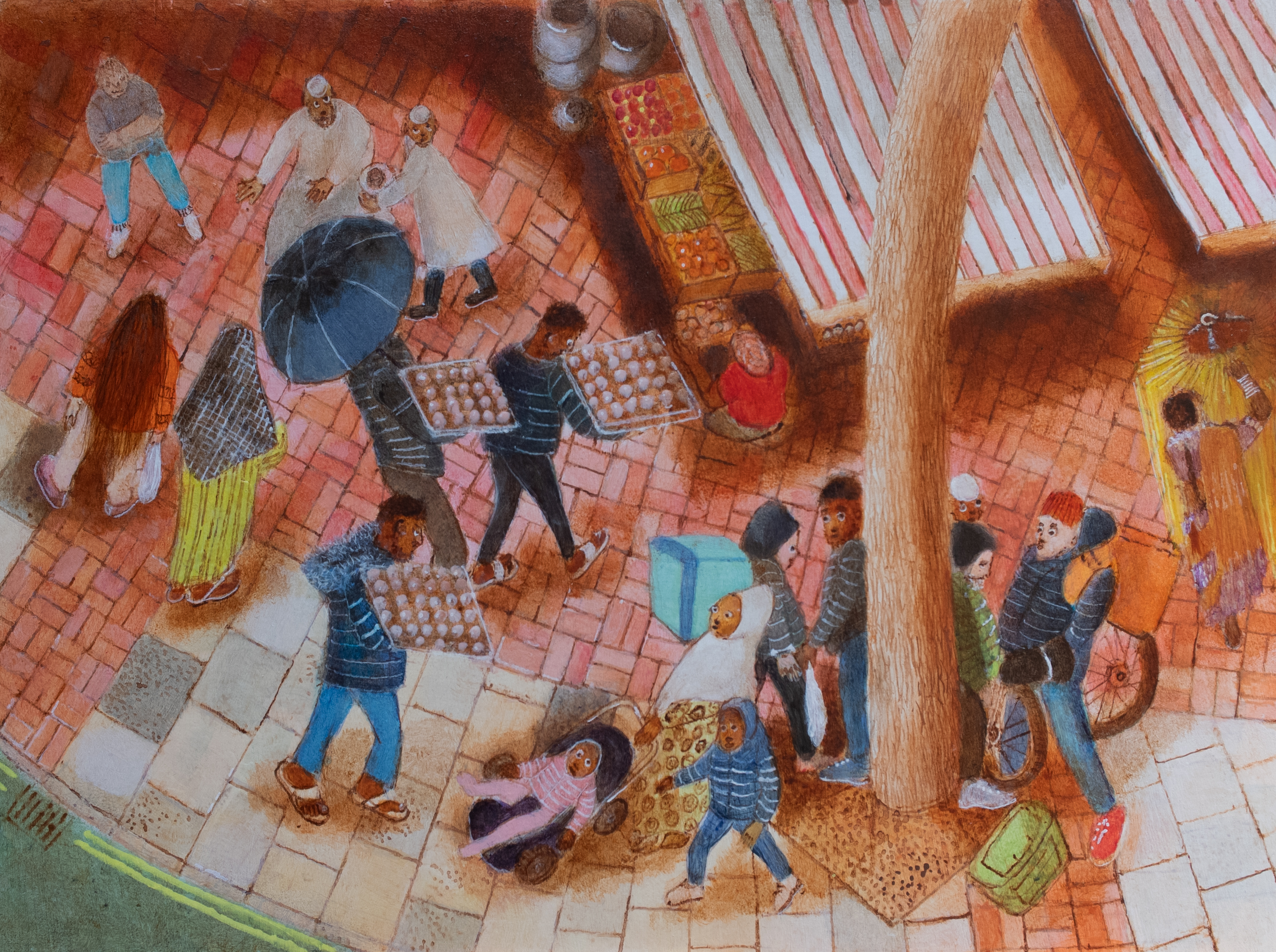 colourful artwork of small people on street