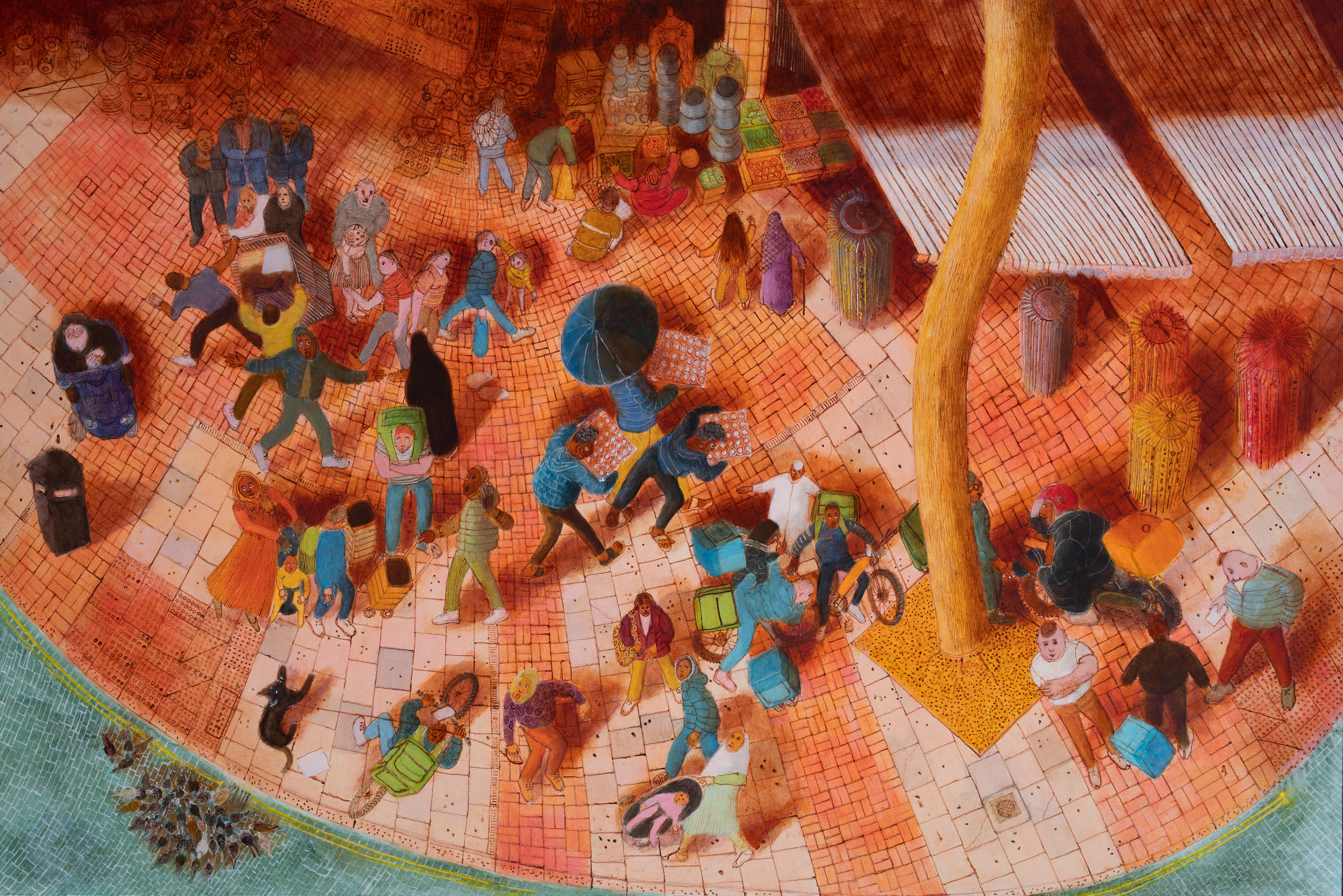 colourful artwork of a street filled with people upside down