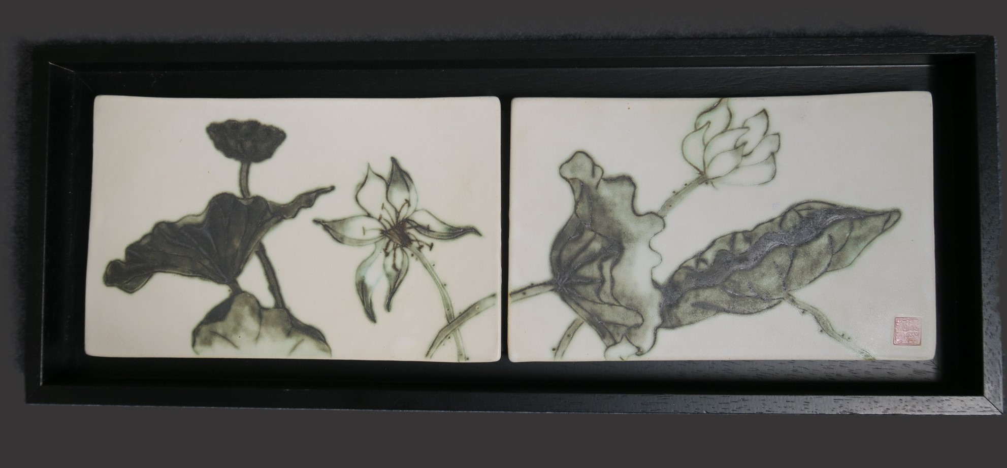 Framed lotus flower black and white painting