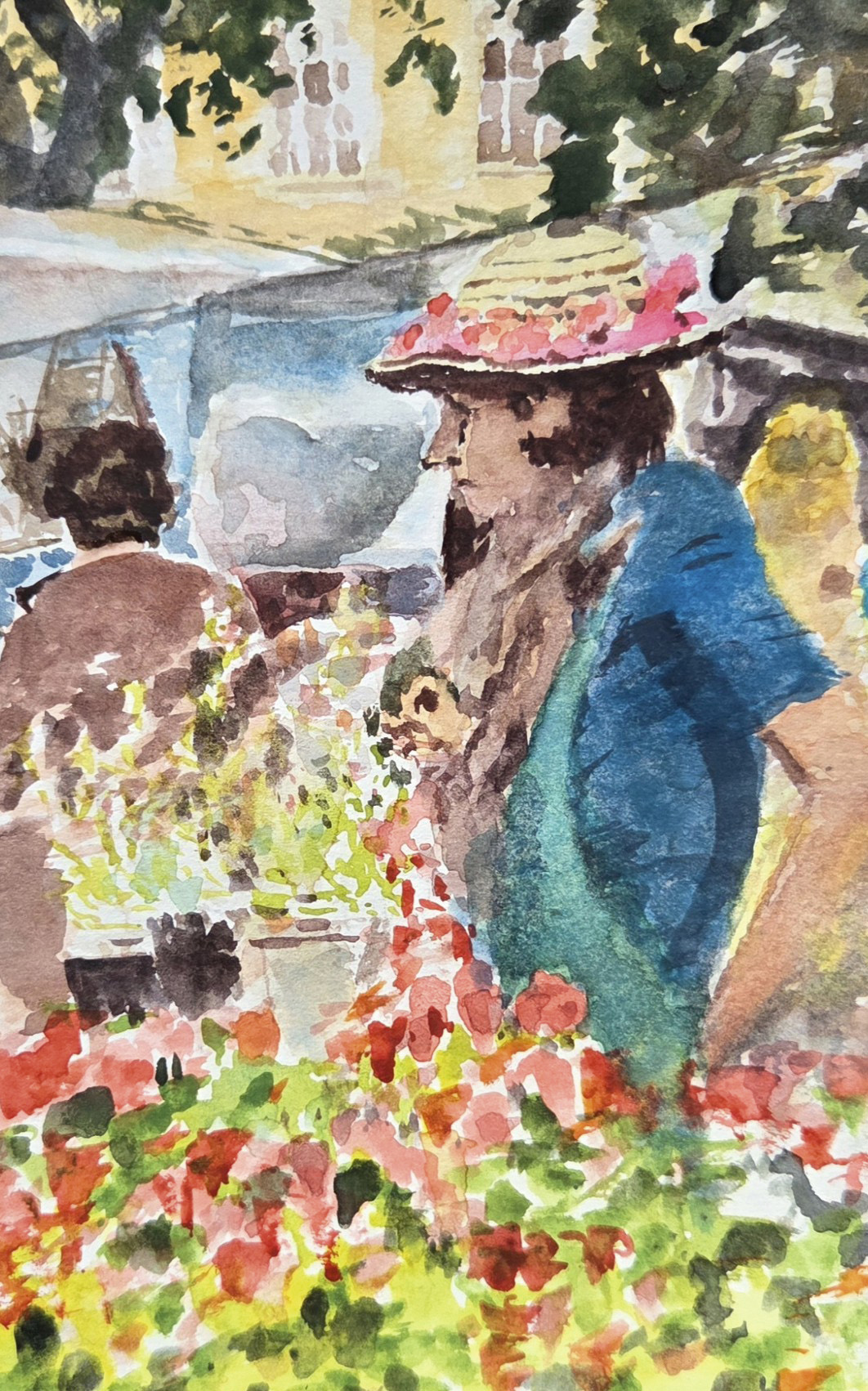 watercolour painting of woman with flowers