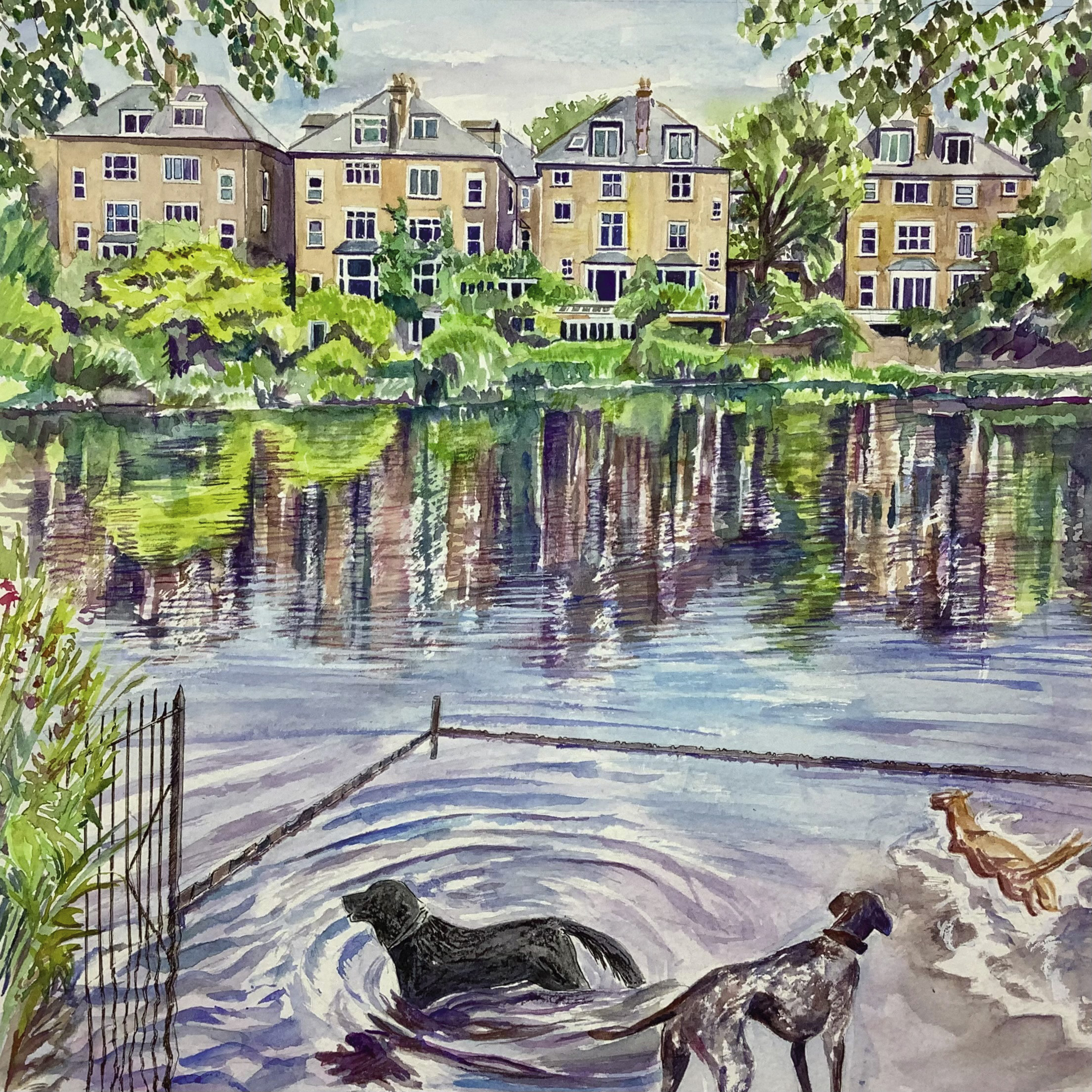 watercolour painting of pond with houses in background