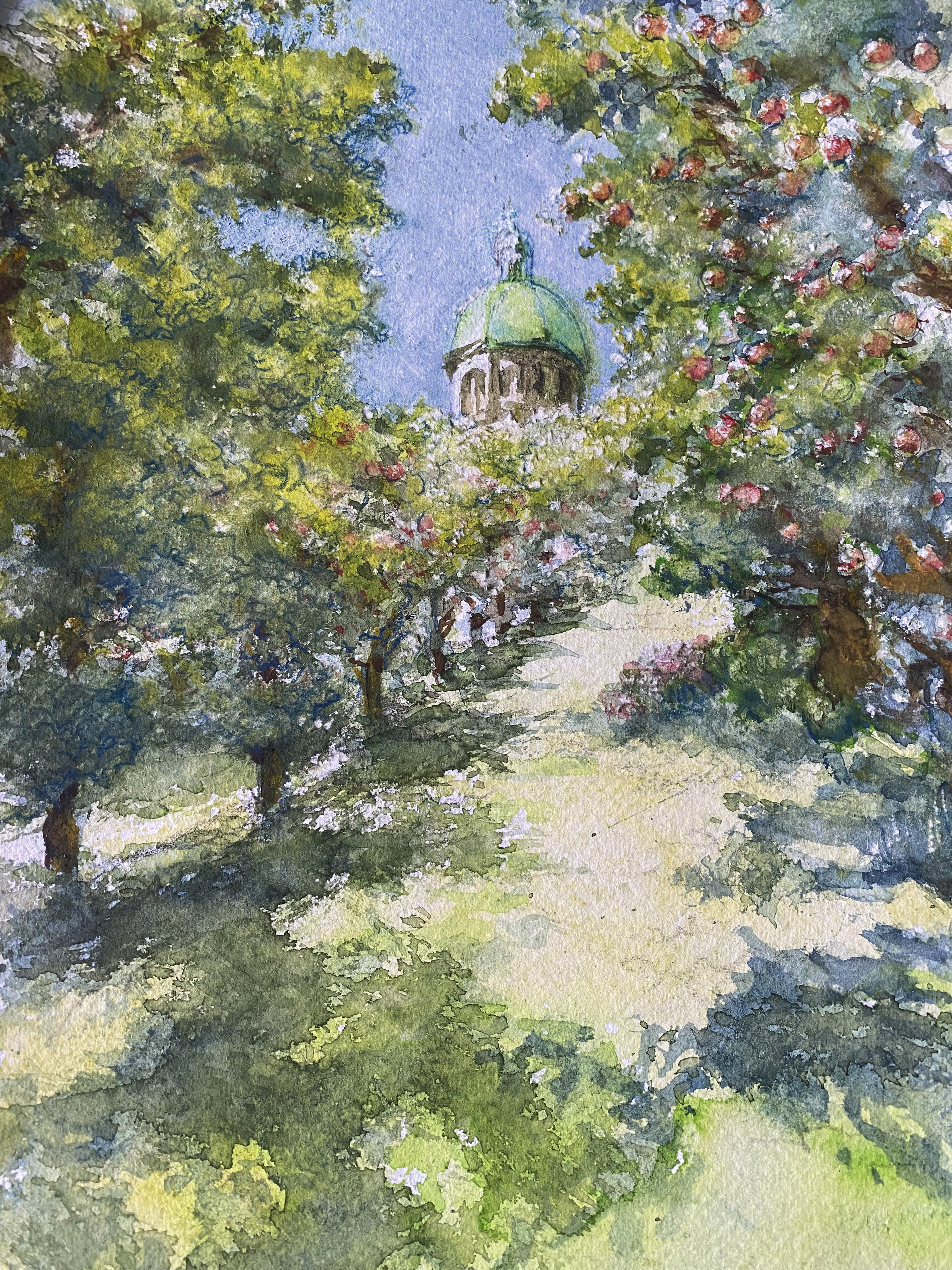 artwork of trees with domed building in background