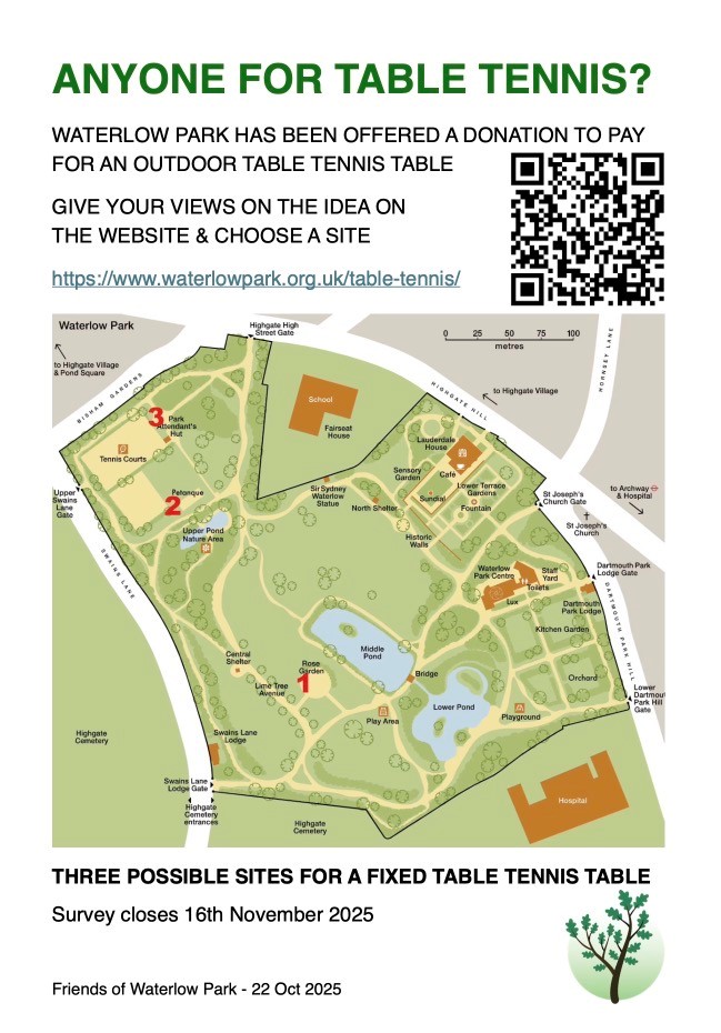 Poster asking for opinions about new table tennis table in Waterlow Park