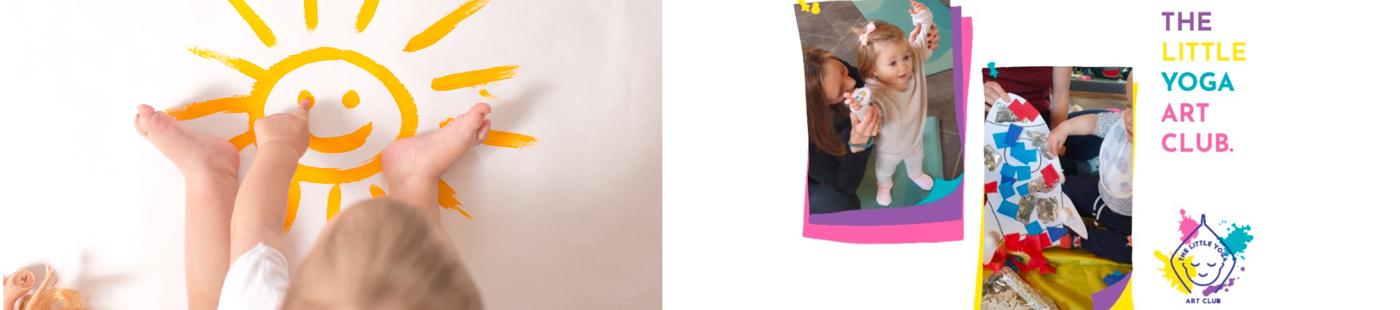 Little Yoga Art Club logo and image of a child drawing a sun