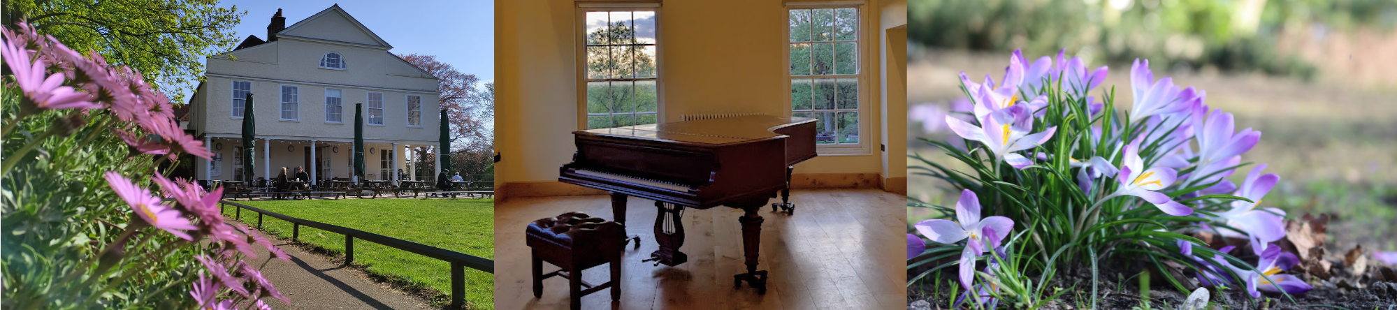 Photos of lauderdale house exterior from tea lawn, long gallery piano, and flowers