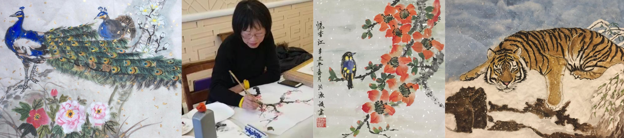 A selection of works by Helena Hung and a picture of the artist at work
