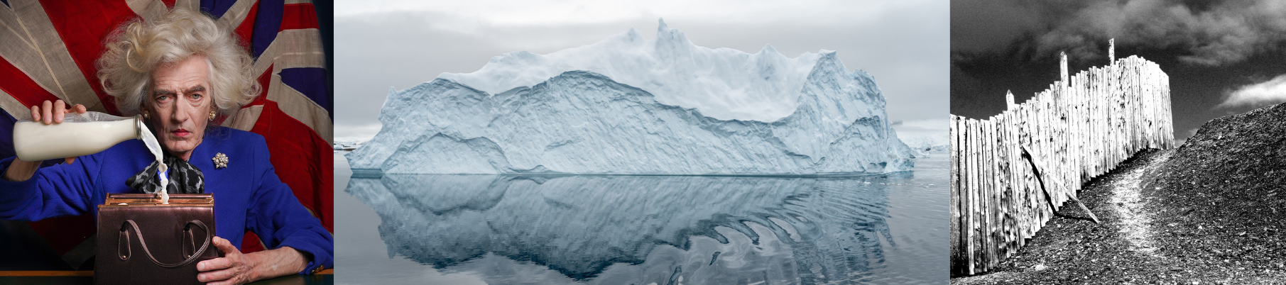 Photographs by Hampstead Photographic Society members: Photo 1 is the Iron Lady - Milk Snatcher by Carl Doghouse, photo 2 Iceberg by Andrew Gasson and photo 3 is